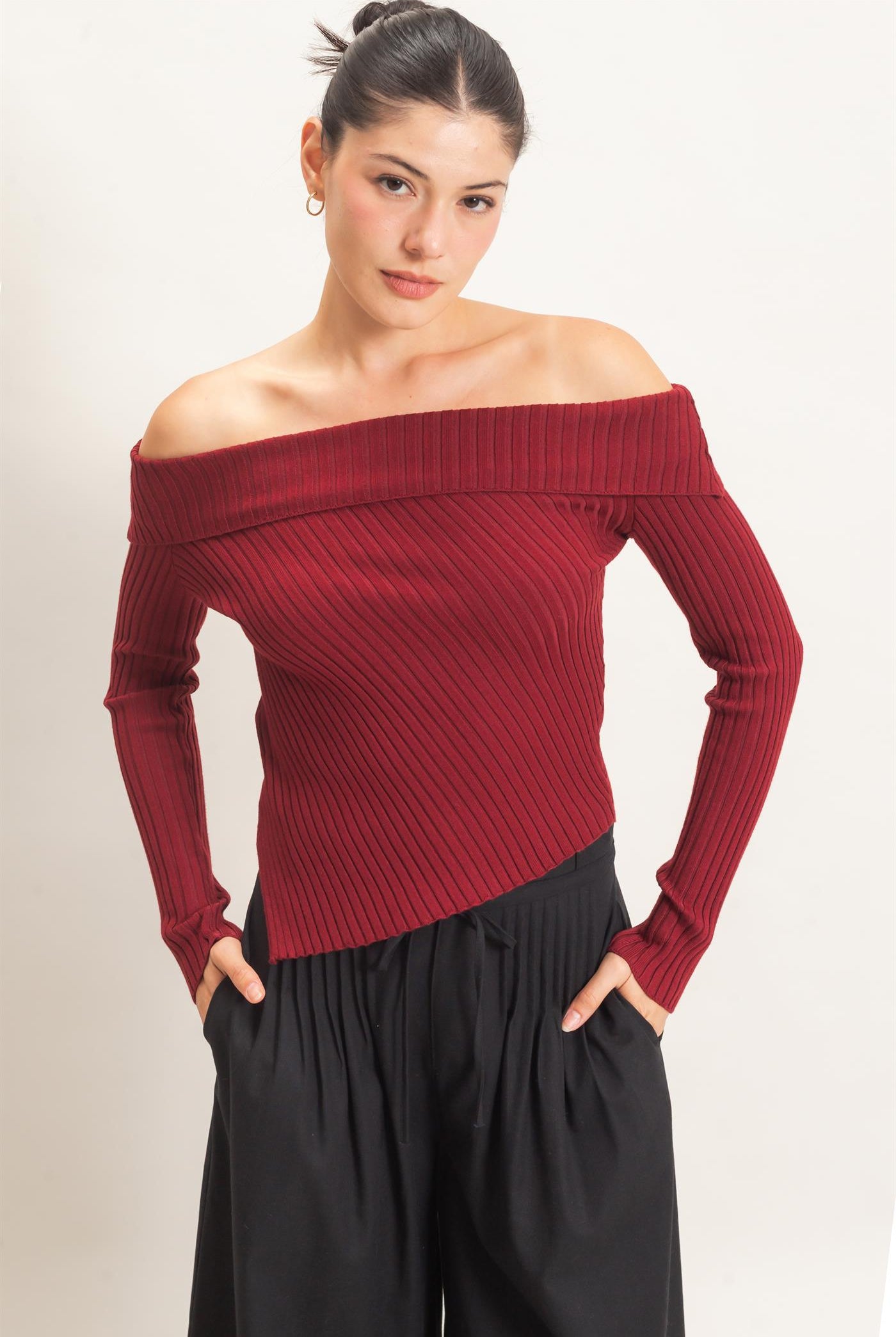 Wholesale Ribbed Off-Shoulder Sweater Sweaters HF26E937 BURGUNDY HYFVE