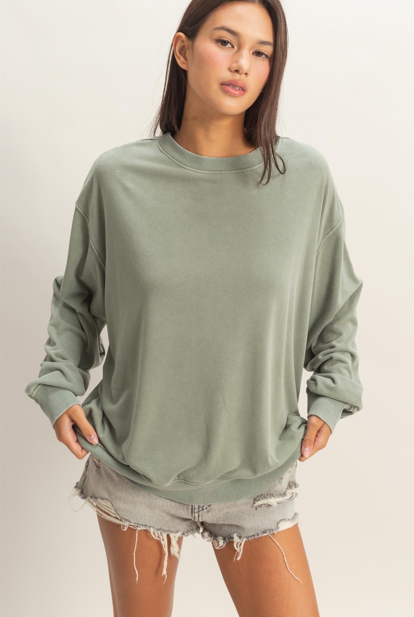 Wholesale Mineral Washed Crew Neck Sweatshirt Sweatshirts DZ26A262 SAGE GREEN DOUBLE ZERO