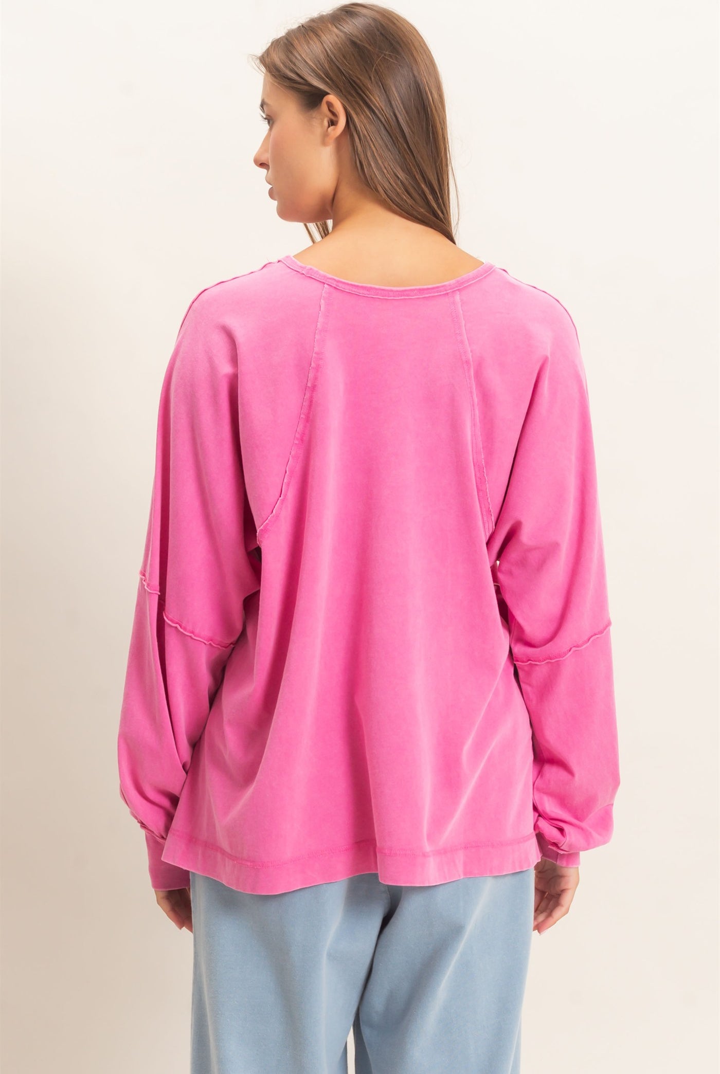 Wholesale Raglan Sleeve Snow Wash Top Shirts DZ26E945 FUCHSIA DOUBLE ZERO