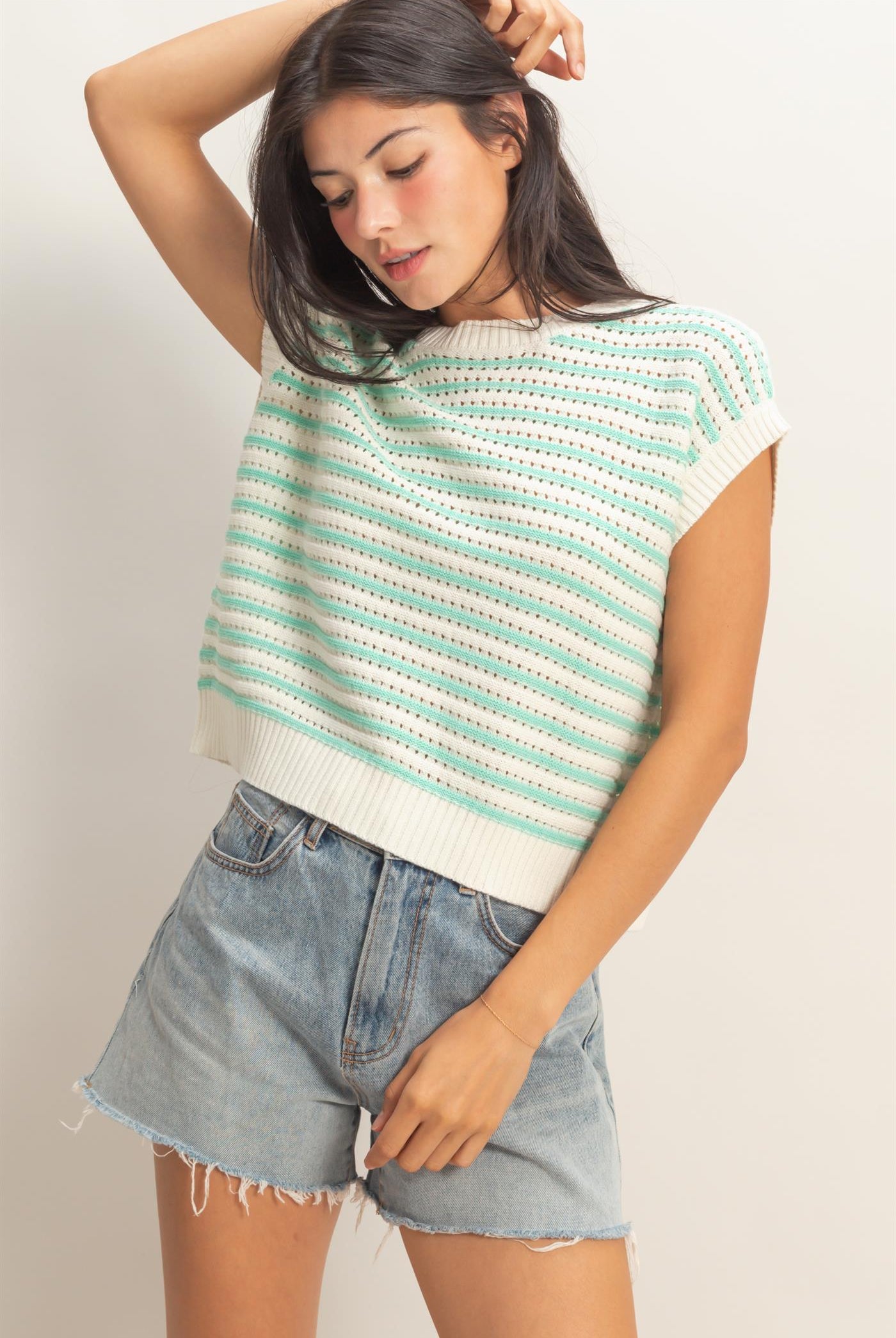 Wholesale Striped Sleeveless Crew Neck Top Sweaters DZ26A222 MINT DOUBLE ZERO