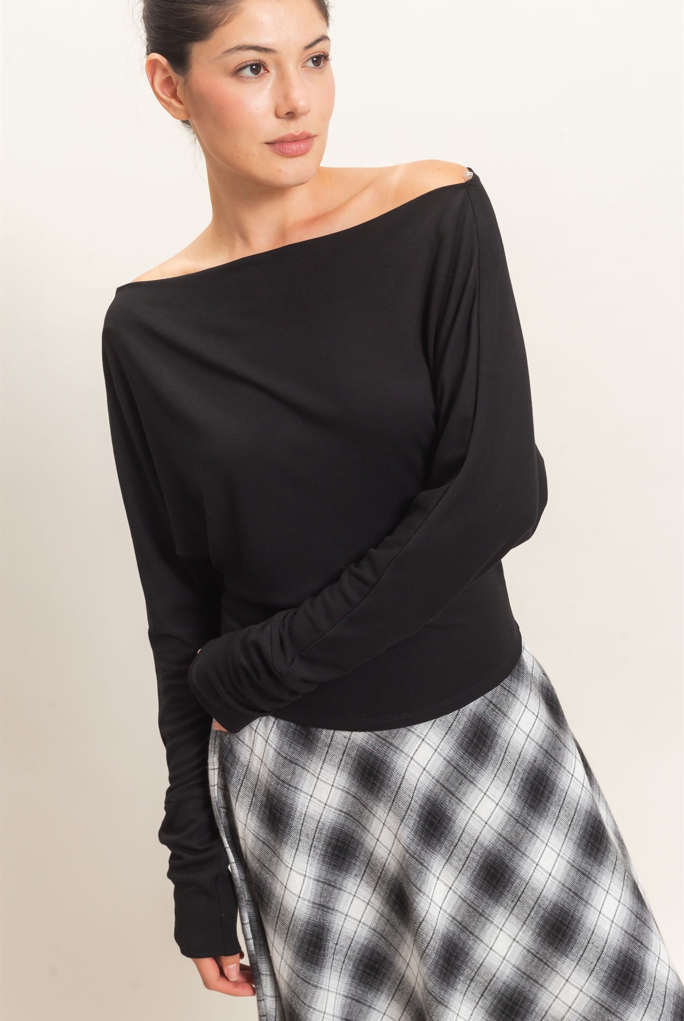 Wholesale Wide Boat Neck Dolman Sleeve Top Shirts HF26C883 BLACK HYFVE