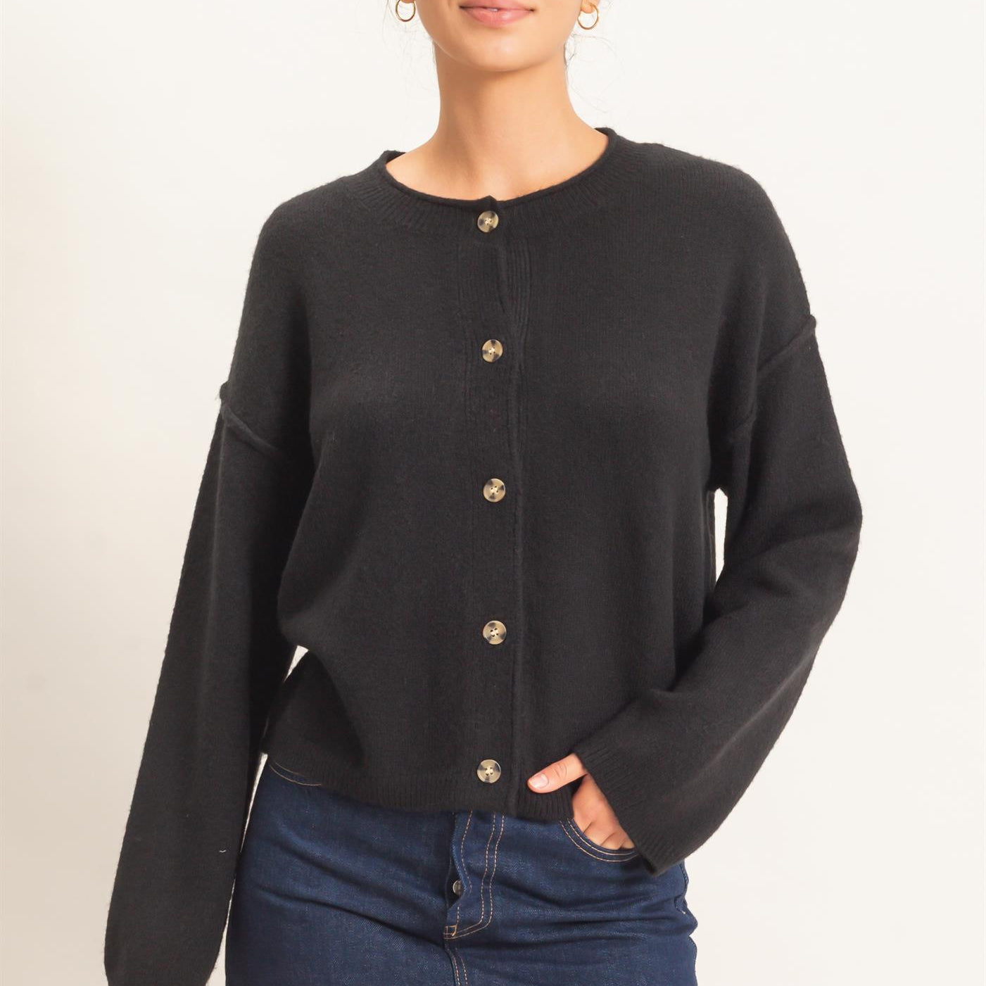 Wholesale Crew Neck Loose Fit Cardigan Cardigans DZ26E269 BLACK DOUBLE ZERO