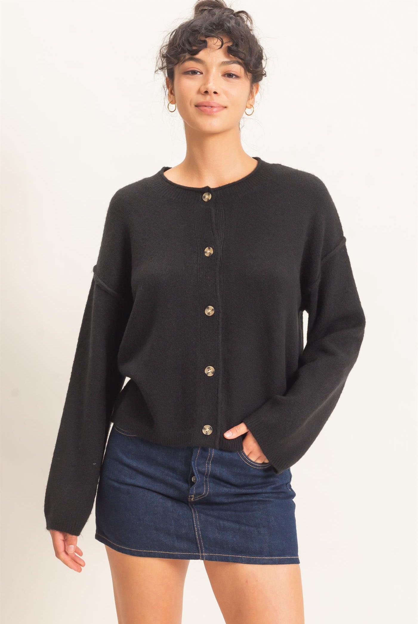Wholesale Crew Neck Loose Fit Cardigan Cardigans DZ26E269 BLACK DOUBLE ZERO