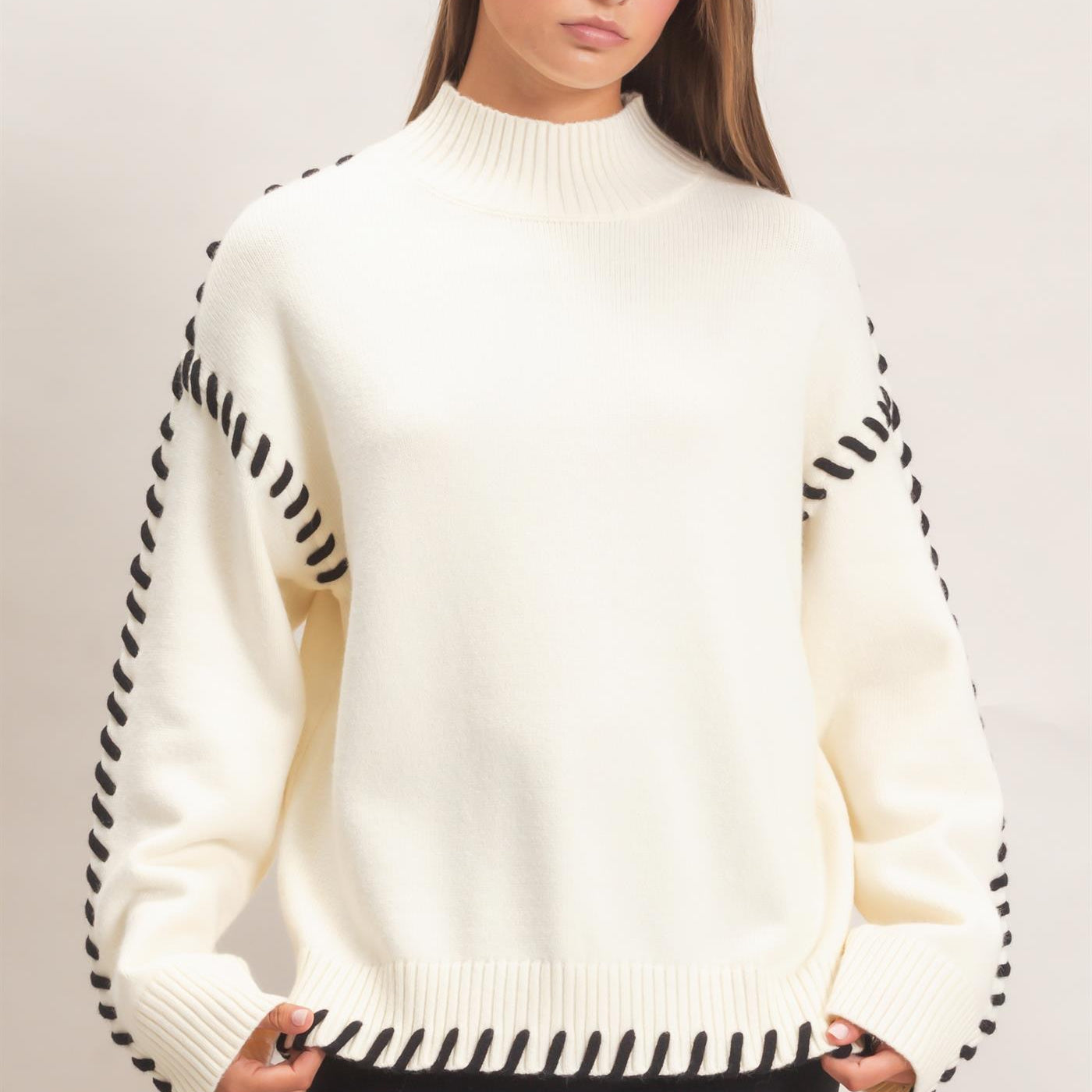 Wholesale Blanket Stitch High Neck Sweater Sweaters DZ27A190 CREAM DOUBLE ZERO