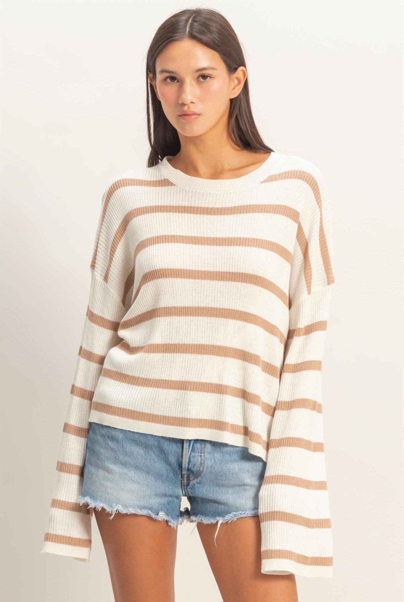 Wholesale Lightweight Wide-Sleeve Striped Sweater Clothing Tops DZ26A329 DARK TAUPE DOUBLE ZERO