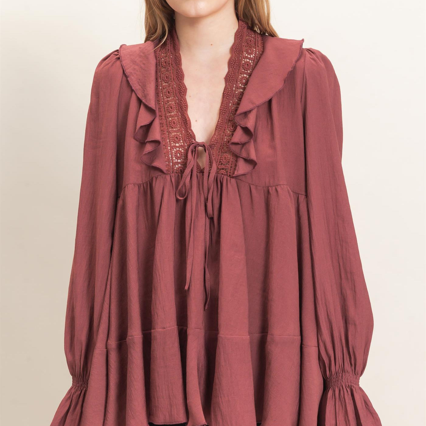 Wholesale Ruffle Lace Tie Neck Blouse Tunics HF26E642 MAROON HYFVE