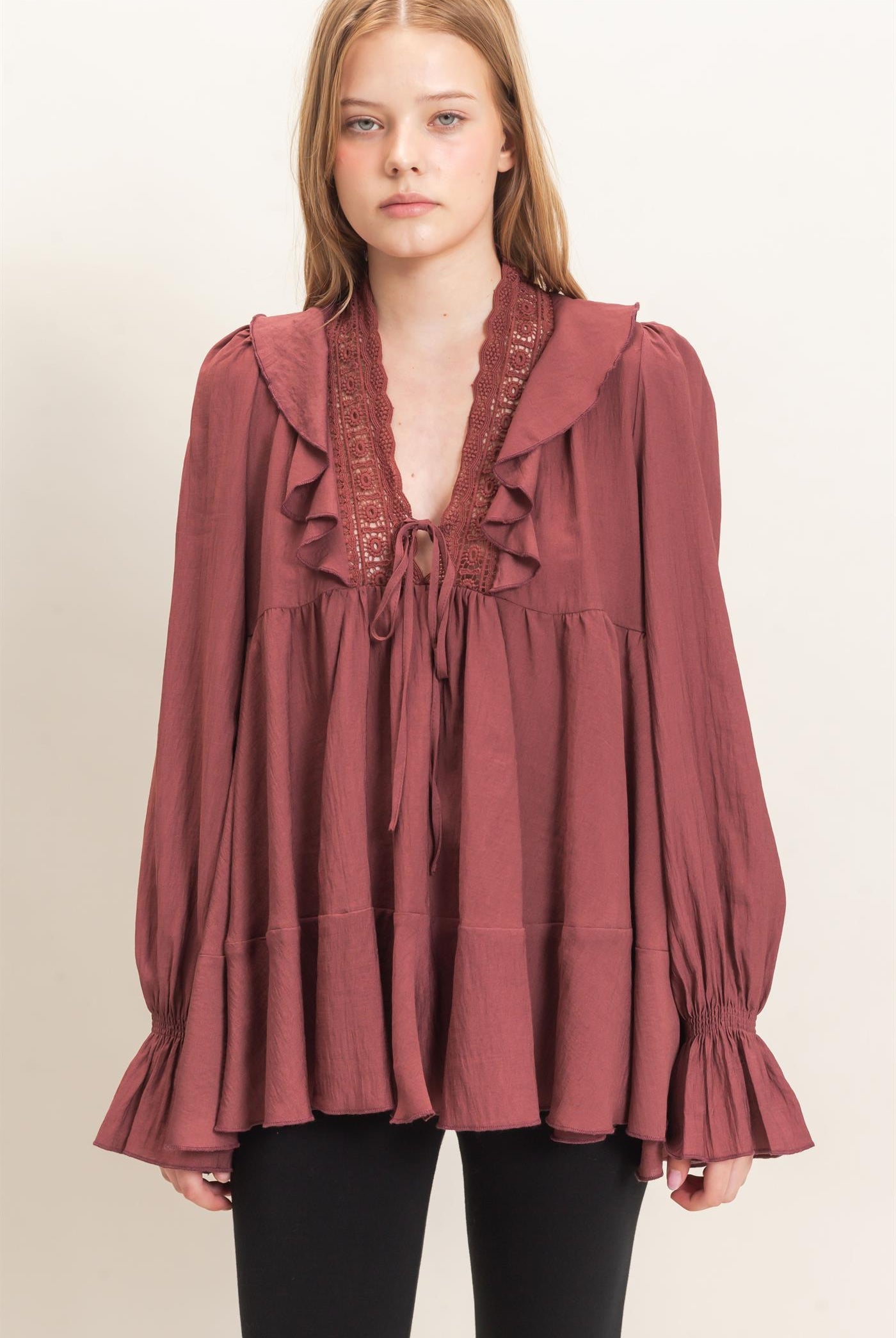 Wholesale Ruffle Lace Tie Neck Blouse Tunics HF26E642 MAROON HYFVE
