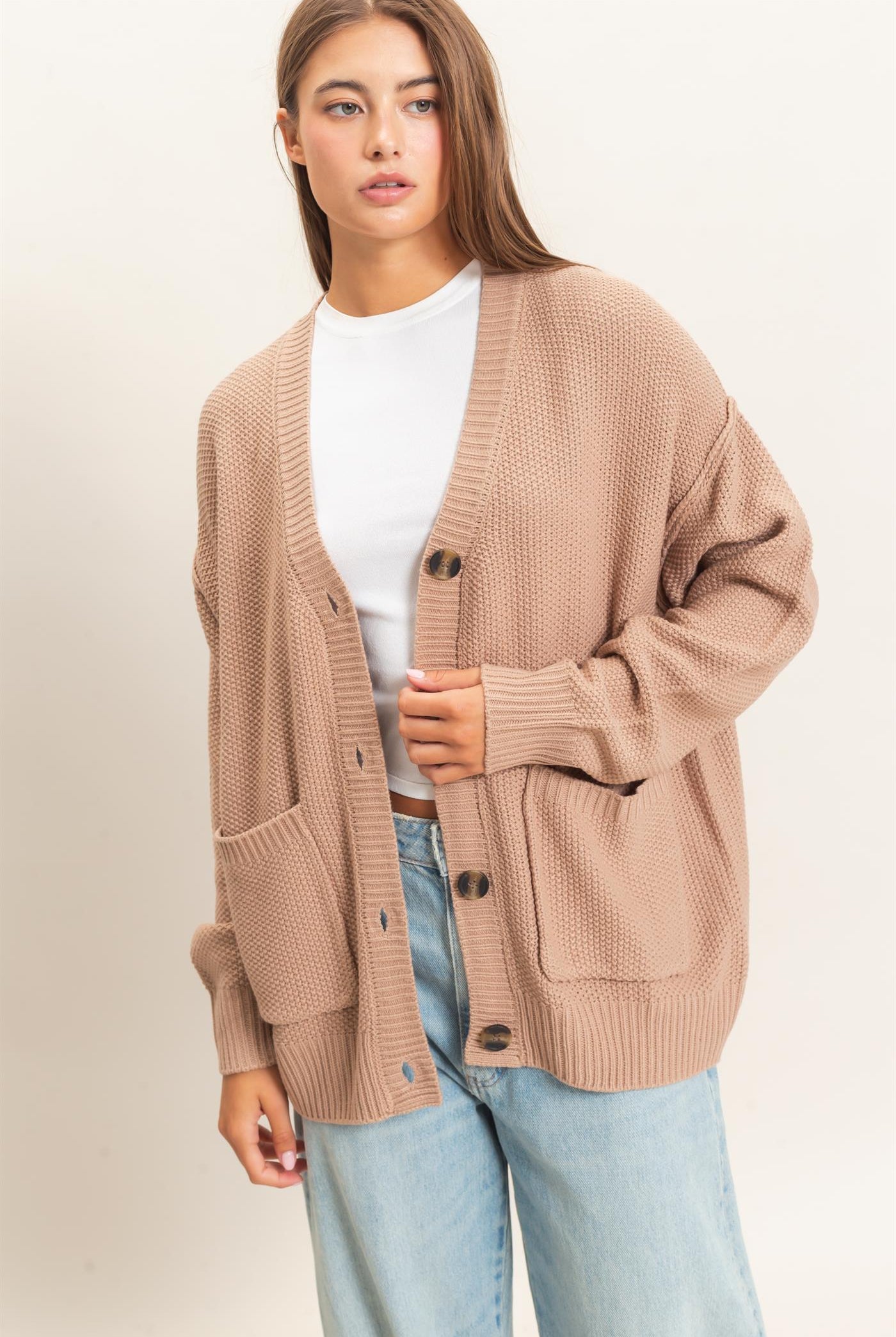 Wholesale Textured Oversized Knit Buttoned Cardigan Cardigans DZ26C971 DARK TAUPE DOUBLE ZERO