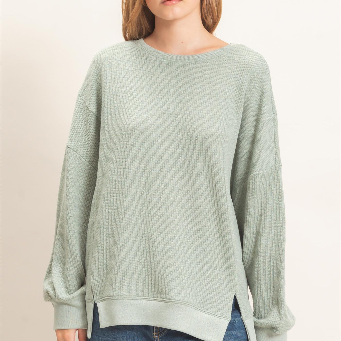 Wholesale Ribbed Boat Neck Knit Top Clothing Tops HF26E852 SAGE HYFVE