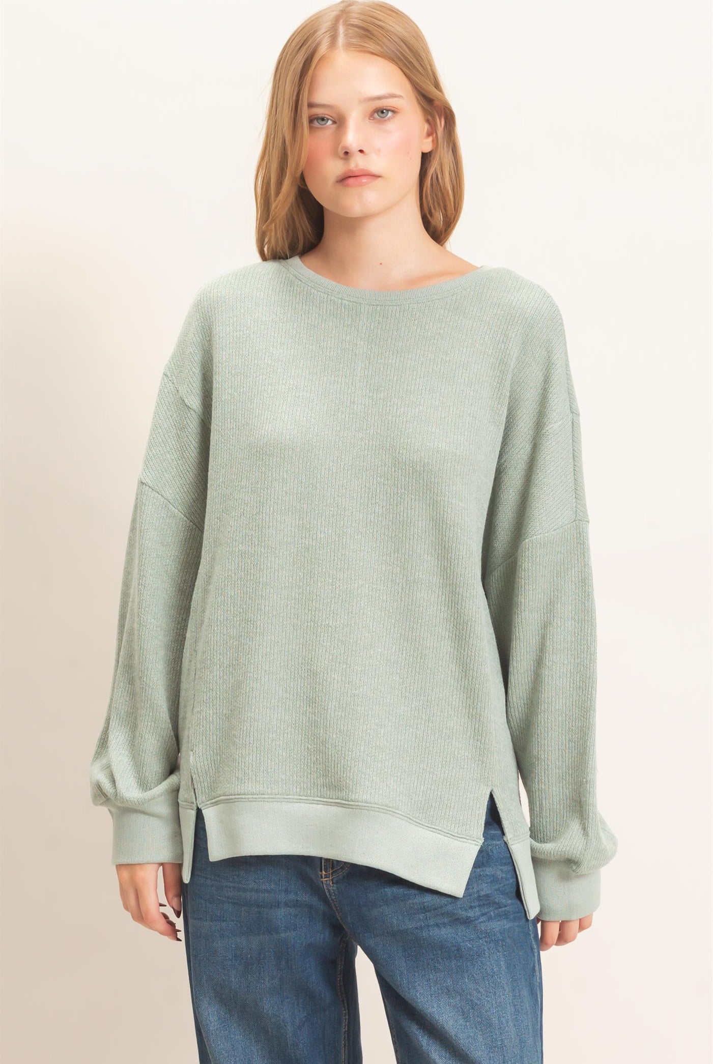 Wholesale Ribbed Boat Neck Knit Top Clothing Tops HF26E852 SAGE HYFVE
