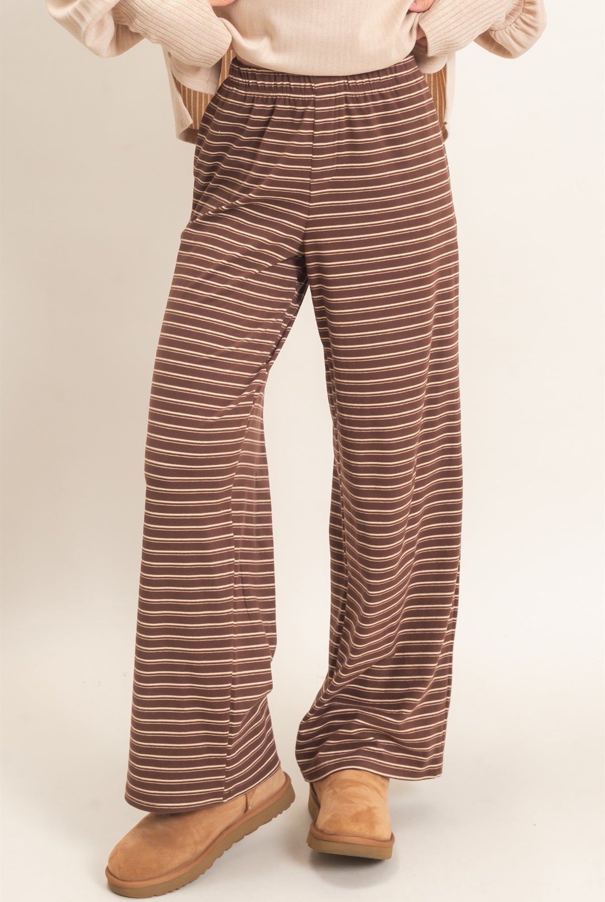 Wholesale Striped Elastic Waist Pants Pants HF26C677 BROWN HYFVE