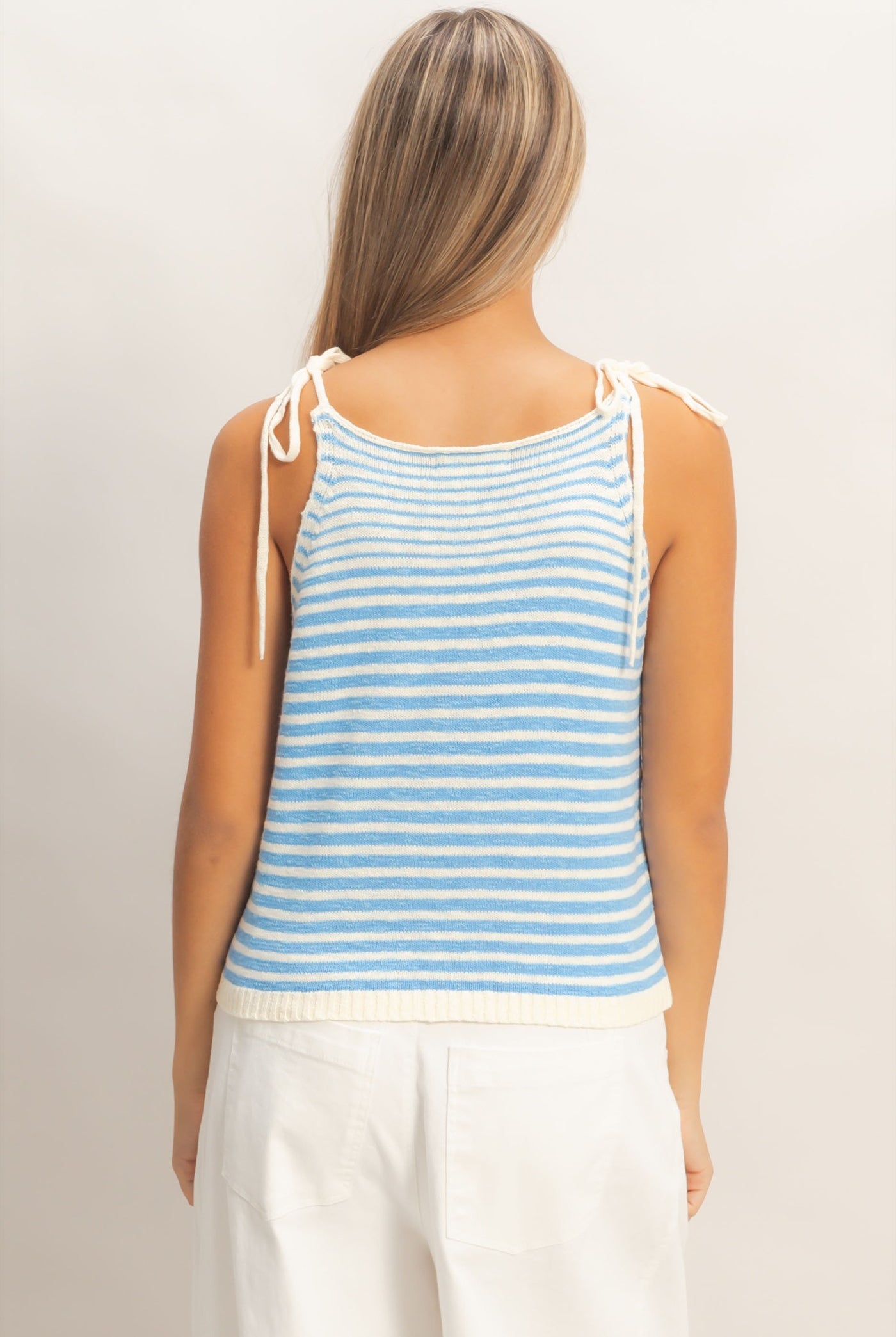 Wholesale Striped Knit Tie-Strap Tank Sweaters HF26A184 SKY BLUE HYFVE