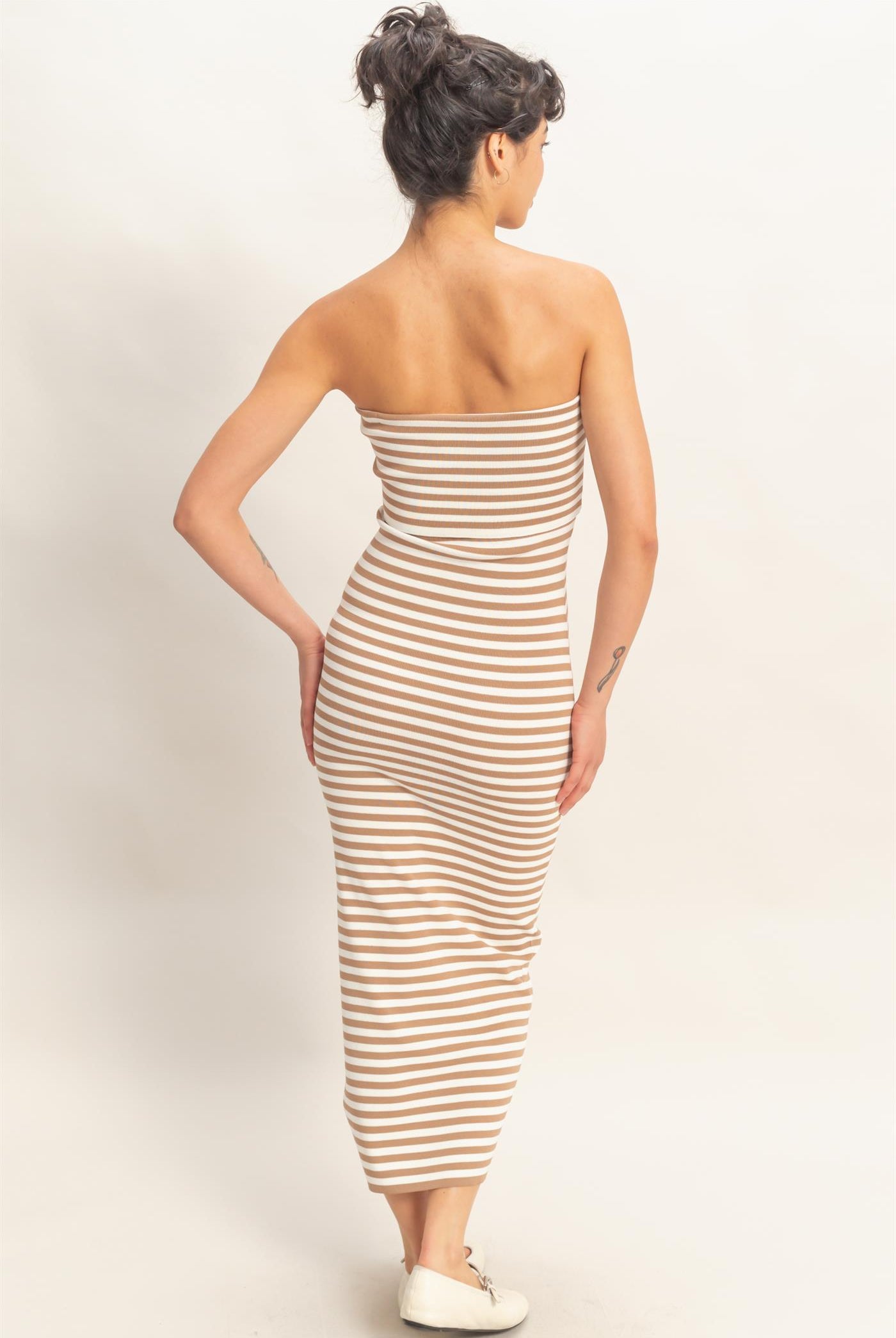 Wholesale Strapless Striped Bodycon Midi Dress Dresses DZ26C336 TAUPE DOUBLE ZERO