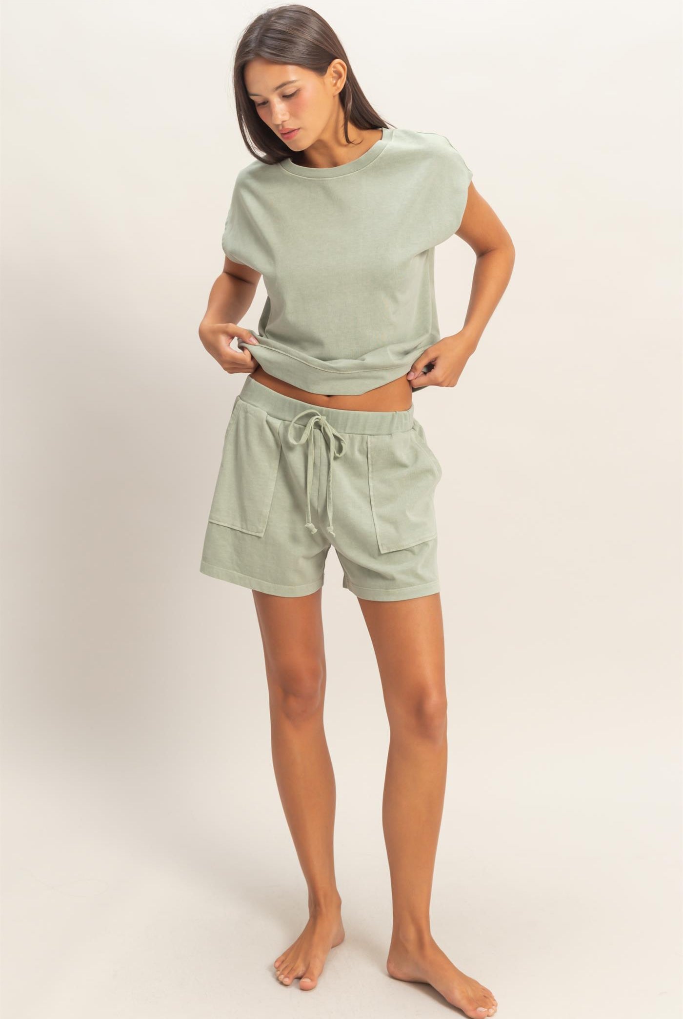 Wholesale Sleeveless Crew Neck Top and Shorts Set Clothing DZ26A028-SET SAGE GREEN DOUBLE ZERO