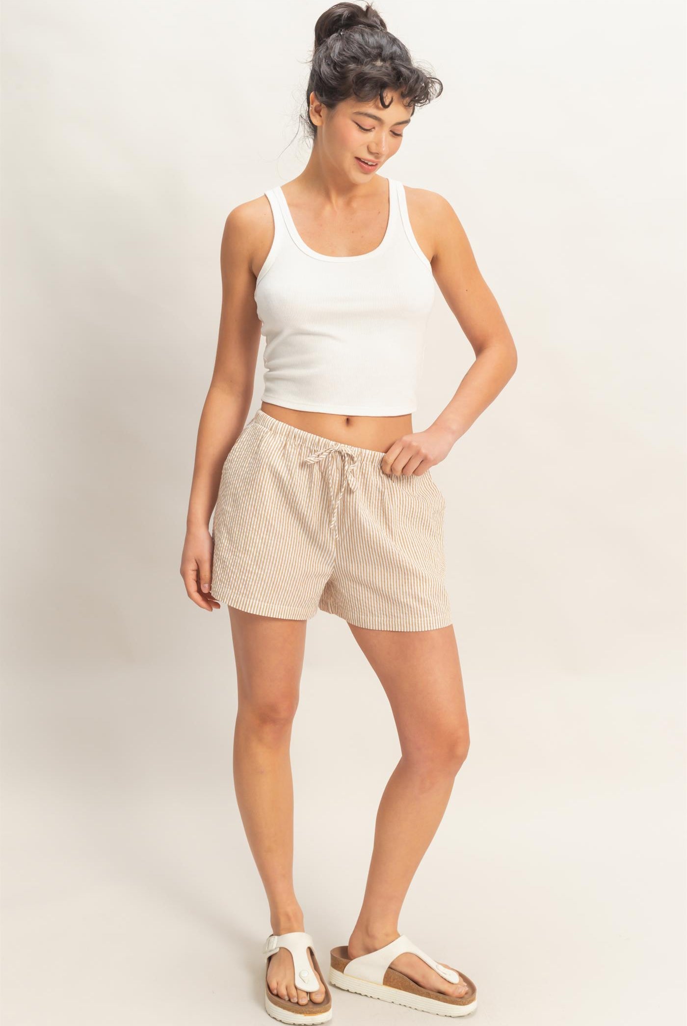 Wholesale Striped Drawstring Waist Shorts Shorts DZ26A747 TAUPE DOUBLE ZERO
