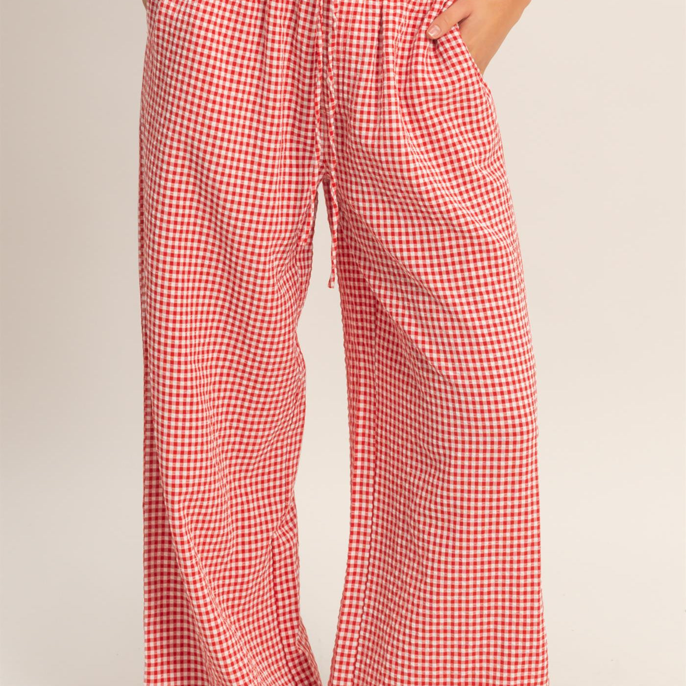 Wholesale Gingham Drawstring Wide-Leg Pants Pants DZ26C202 RED DOUBLE ZERO