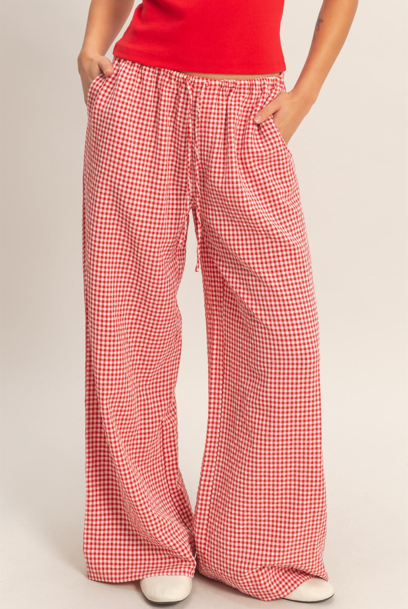 Wholesale Gingham Drawstring Wide-Leg Pants Pants DZ26C202 RED DOUBLE ZERO