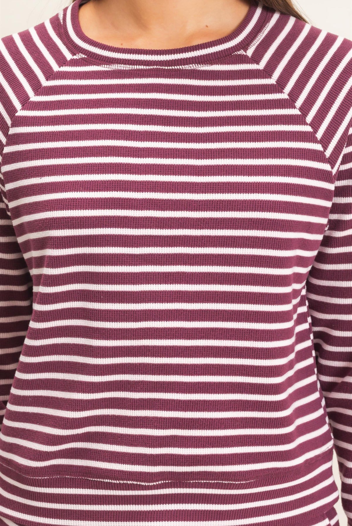 Wholesale Striped Waffle Knit Raglan Top Clothing Tops DZ26E450 DARK CHERRY DOUBLE ZERO