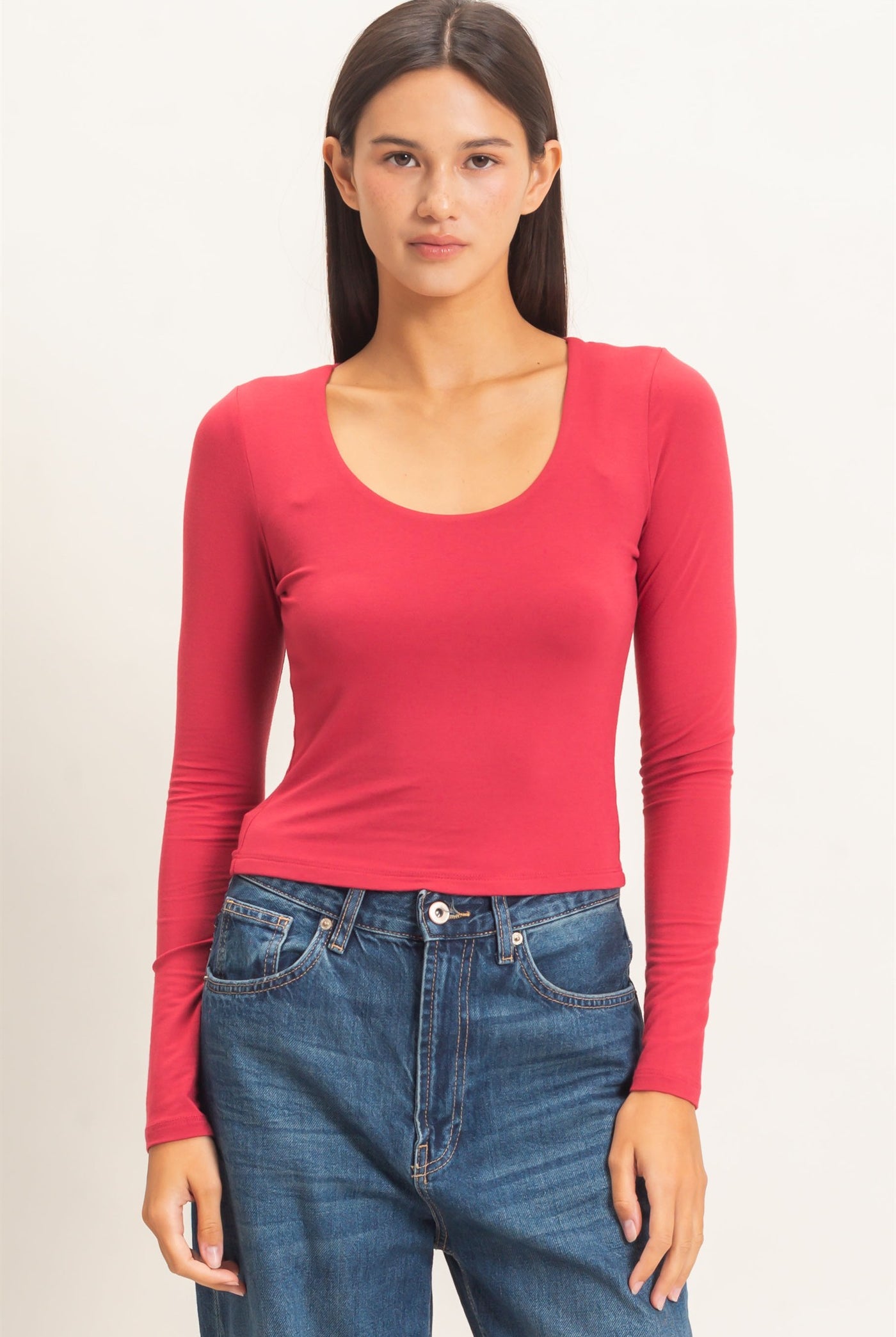 Wholesale Scoop Neck Long Sleeve Top Clothing Tops DZ26E250 DARK RED DOUBLE ZERO