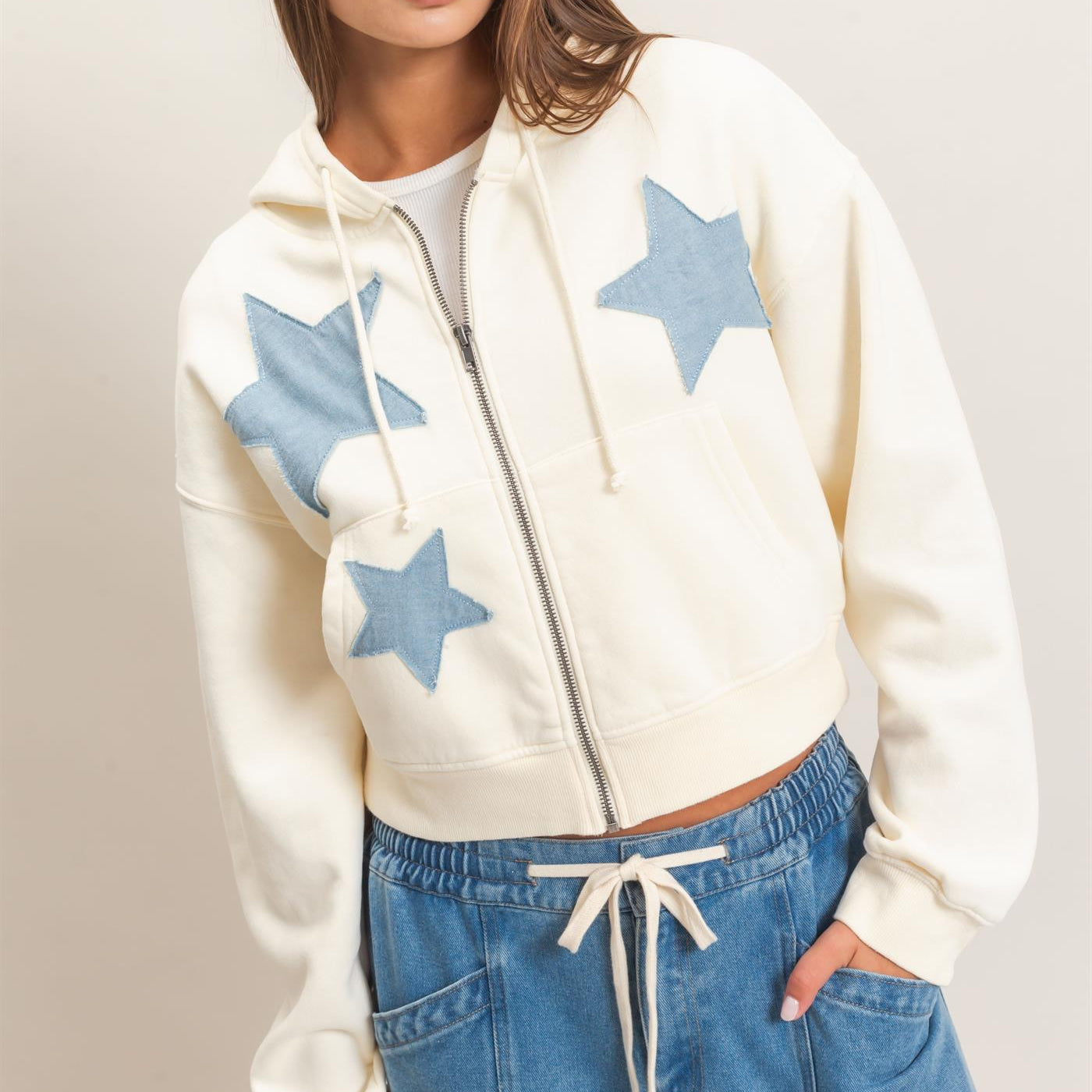 Wholesale Star Patch Zip-Up Hoodie Hoodies DZ26E828 CREAM DOUBLE ZERO