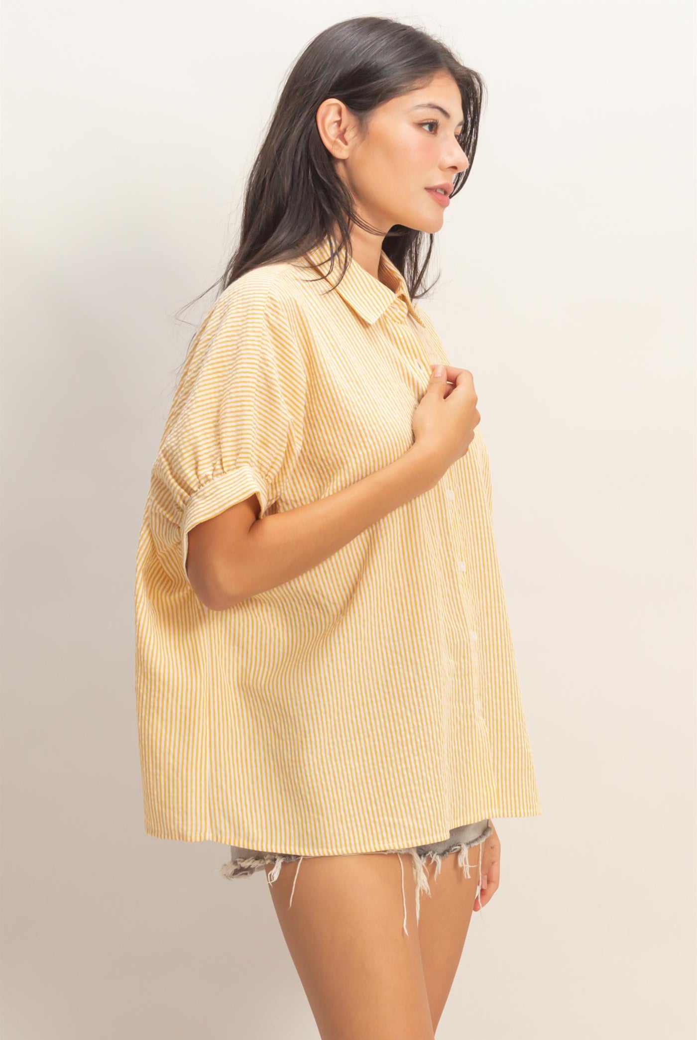 Wholesale Striped Short Sleeve Button-Front Blouse T-Shirts DZ26C276 YELLOW DOUBLE ZERO