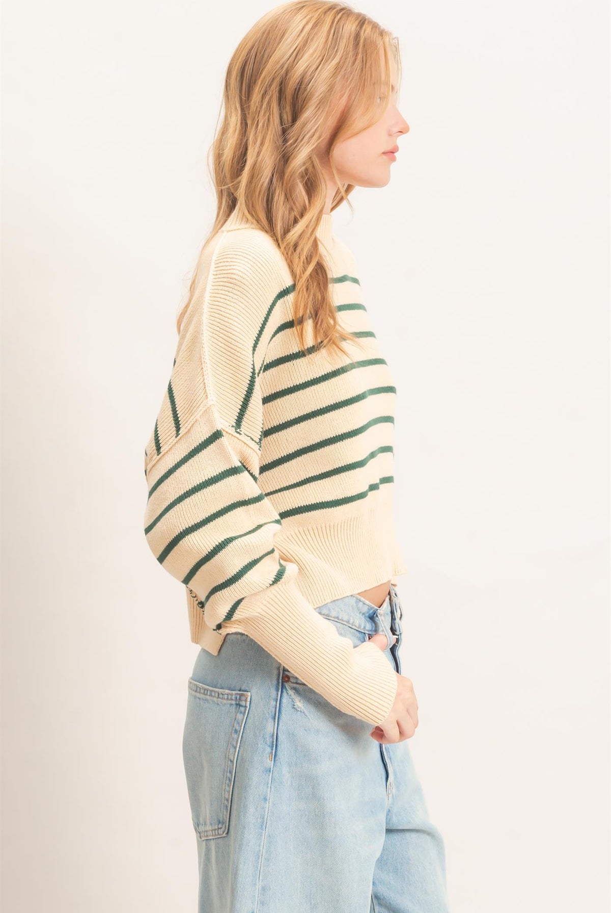Wholesale Striped Mock Neck Cropped Sweater Sweaters HF26F192 GREEN HYFVE