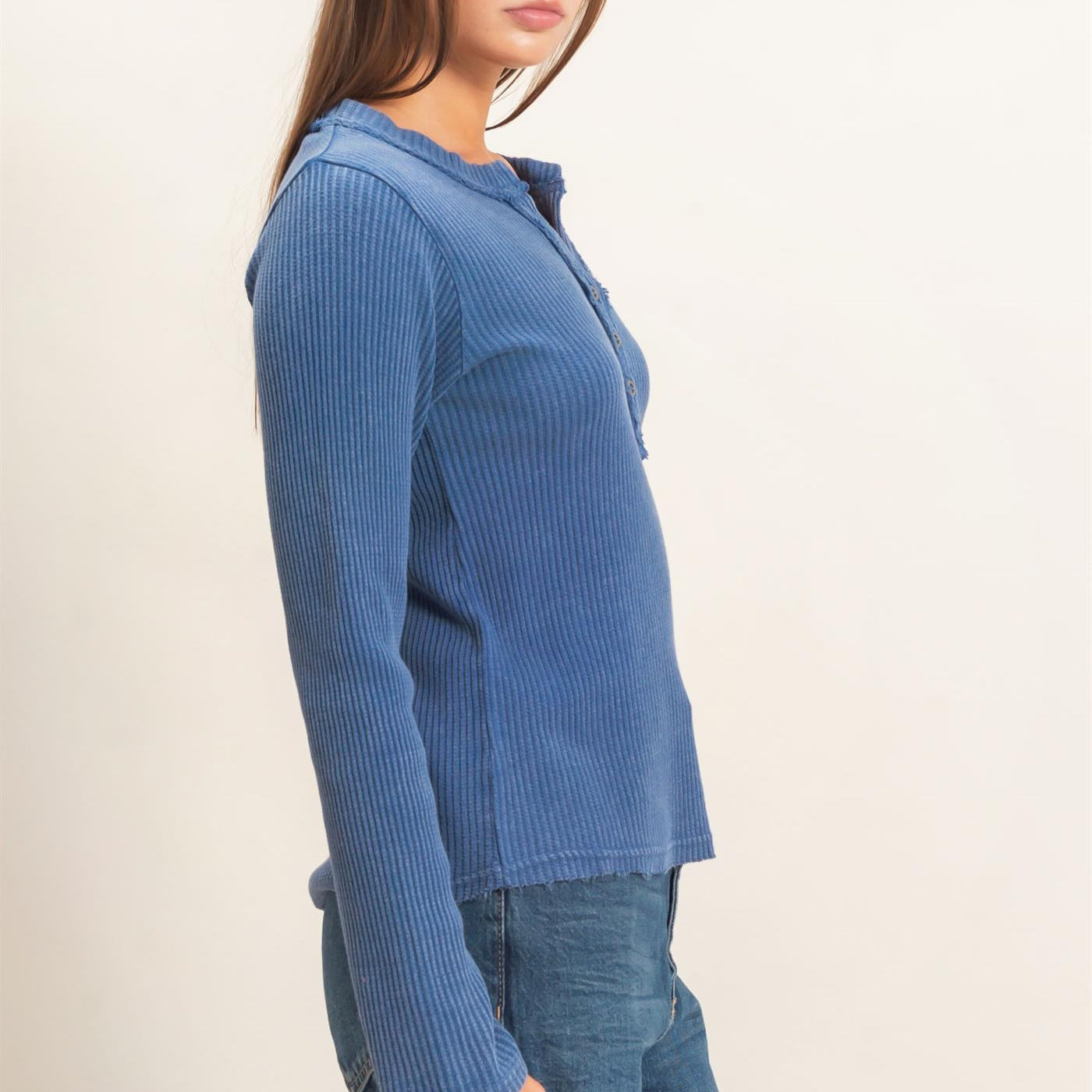 Wholesale Mineral Wash Waffle Henley Long Sleeve Top Clothing Tops DZ26E243 NAVY DOUBLE ZERO