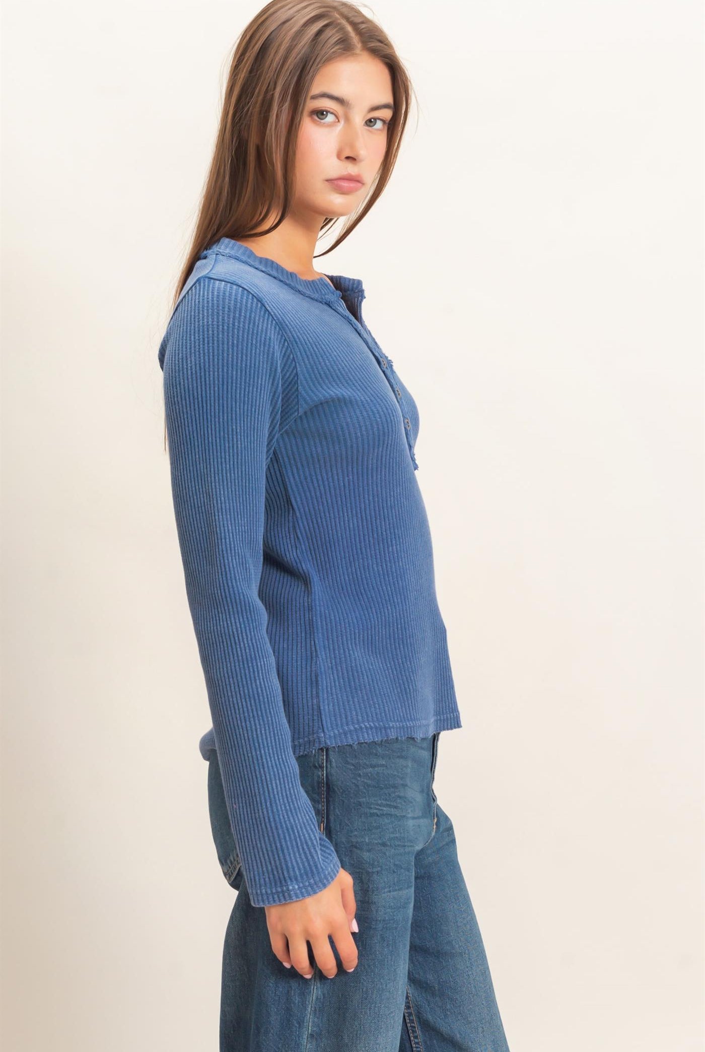 Wholesale Mineral Wash Waffle Henley Long Sleeve Top Clothing Tops DZ26E243 NAVY DOUBLE ZERO