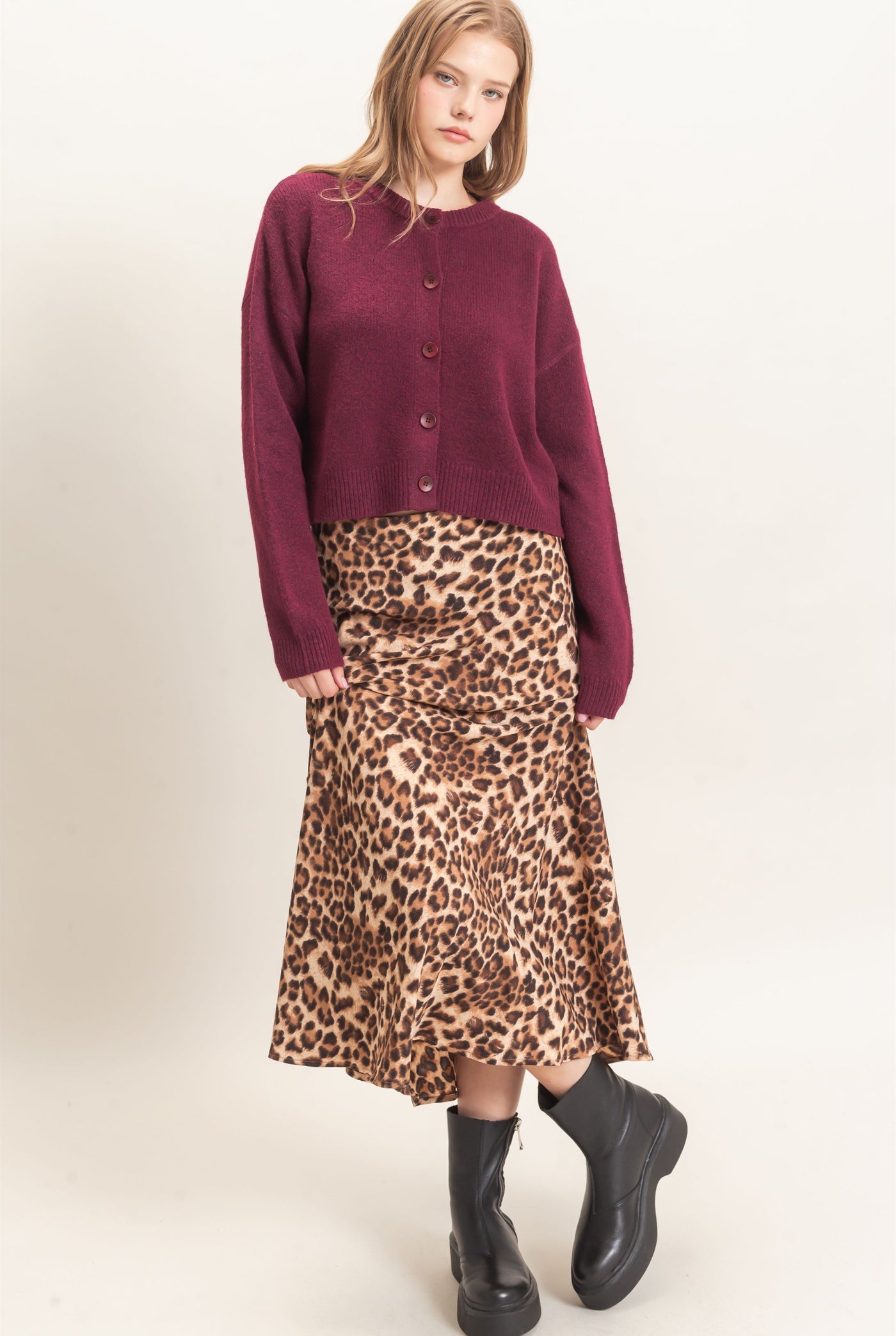 Wholesale Leopard Print Midi Skirt Skirts HF26F159 BROWN DOUBLE ZERO