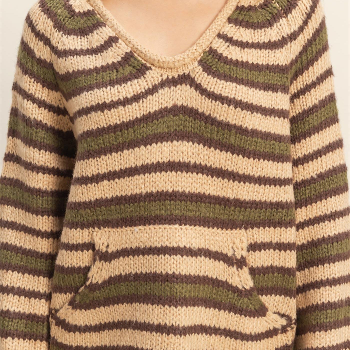 Wholesale Kangaroo Pocket Detail Striped Pullover Sweaters HF25E904 TAUPE COMBO HYFVE