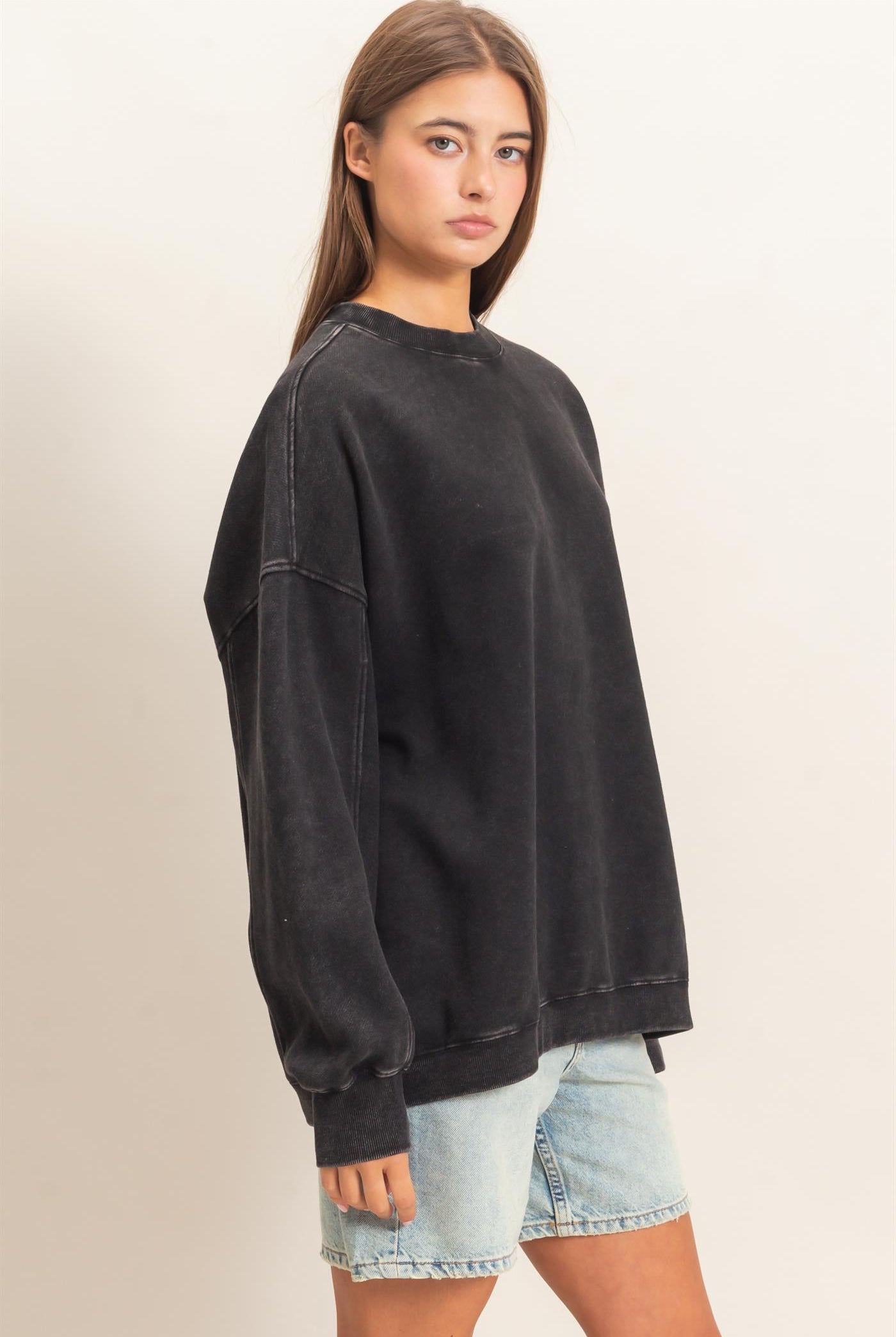 Wholesale Acid Wash Crew Neck Long Sleeve Sweatshirt Sweatshirts DZ26E268 BLACK DOUBLE ZERO