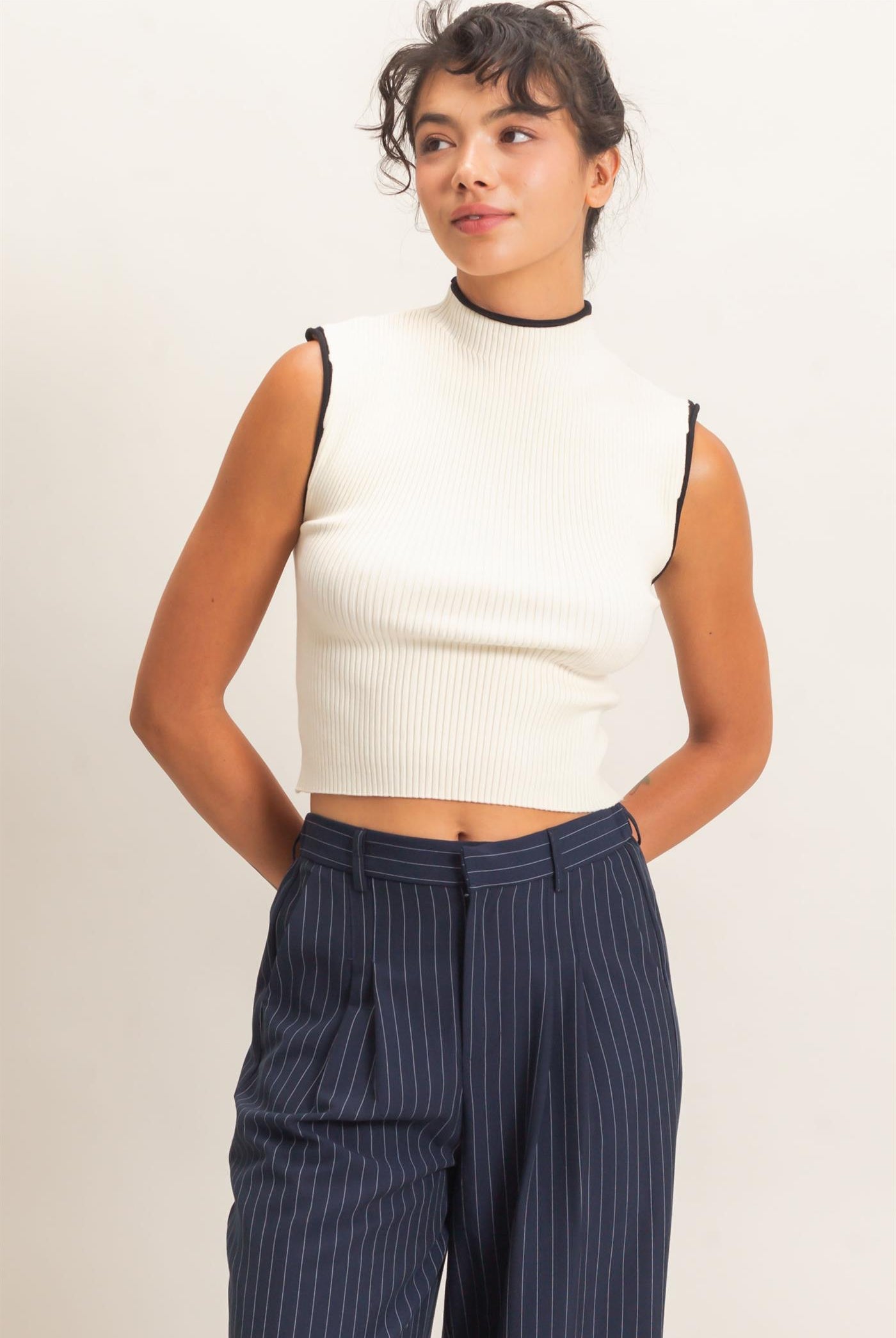 Wholesale Ribbed Mock Neck Sleeveless Top Clothing Tops DZ26E777 CREAM DOUBLE ZERO