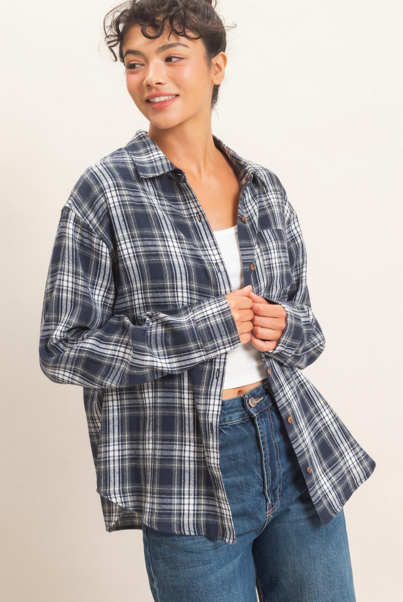 Wholesale Plaid Long Sleeve Shirt Shirts DZ26F275 NAVY DOUBLE ZERO