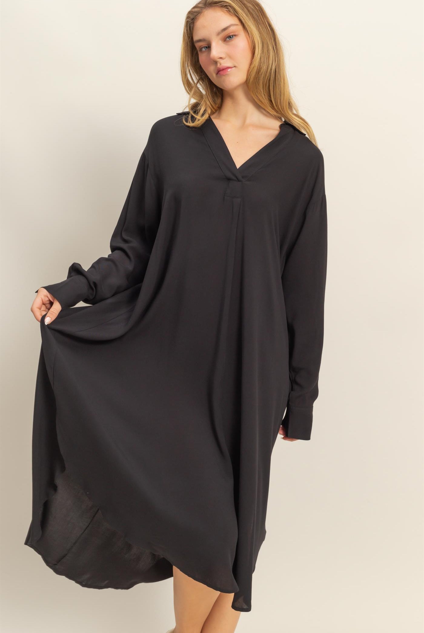 Wholesale V-Neck Long Sleeved Midi Shirts Dress Dresses DZ24E706 BLACK DOUBLE ZERO
