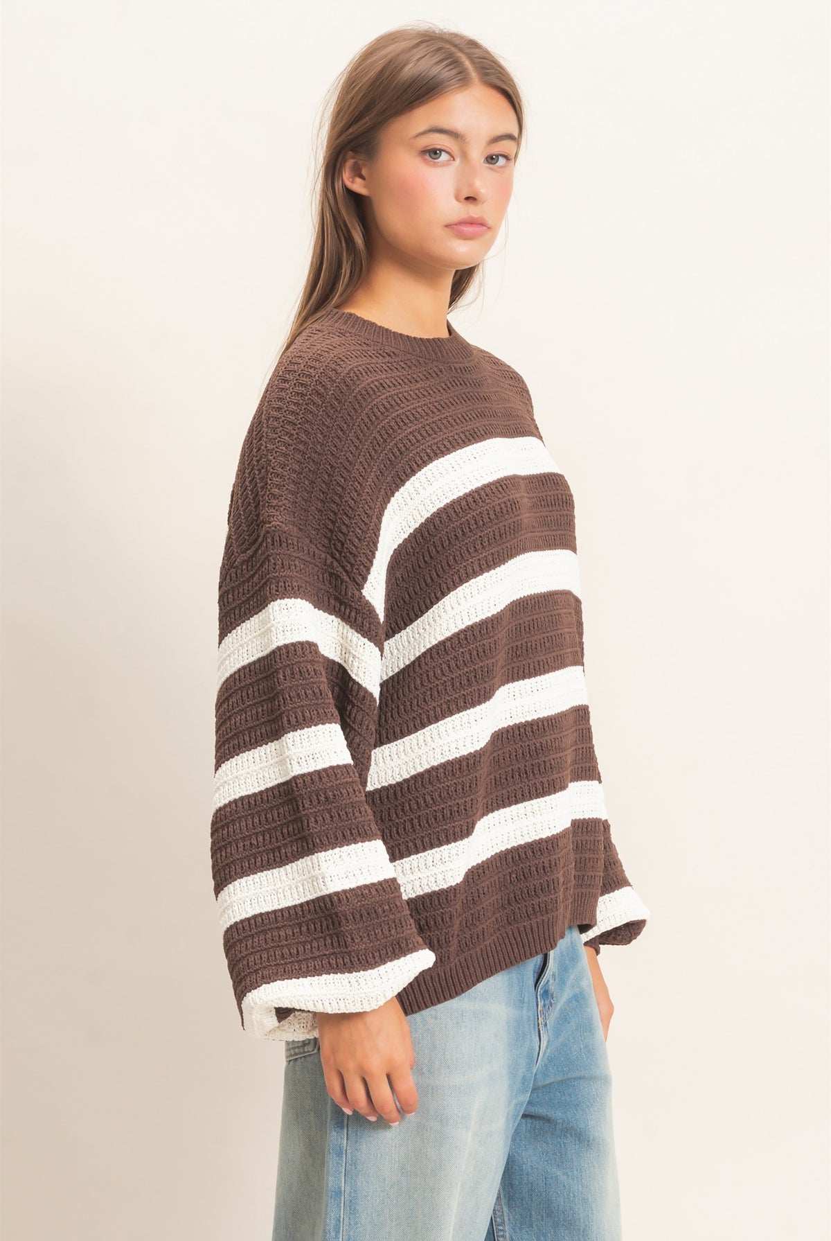 Wholesale Striped Oversized Sweater Sweaters DZ27A192 DARK BROWN DOUBLE ZERO