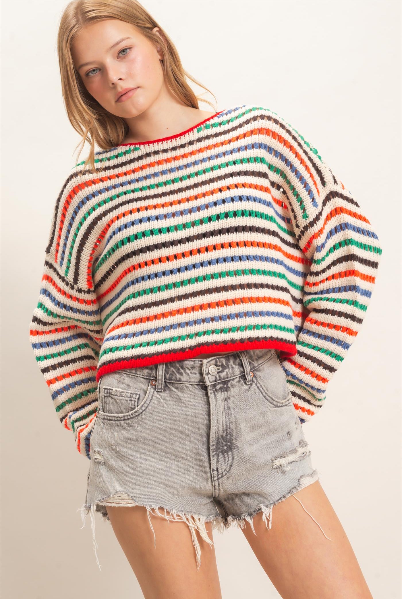 Wholesale Striped Knit Sweater Sweaters HF26F189 CREAM HYFVE