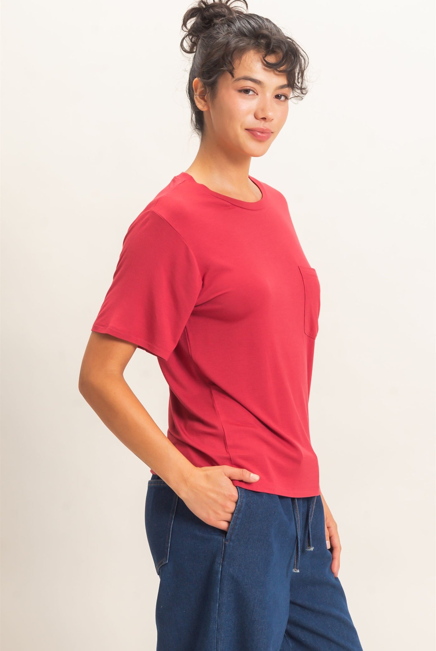 Wholesale Crew Neck Pocket Tee Clothing Tops DZ26E254 DARK RED DOUBLE ZERO