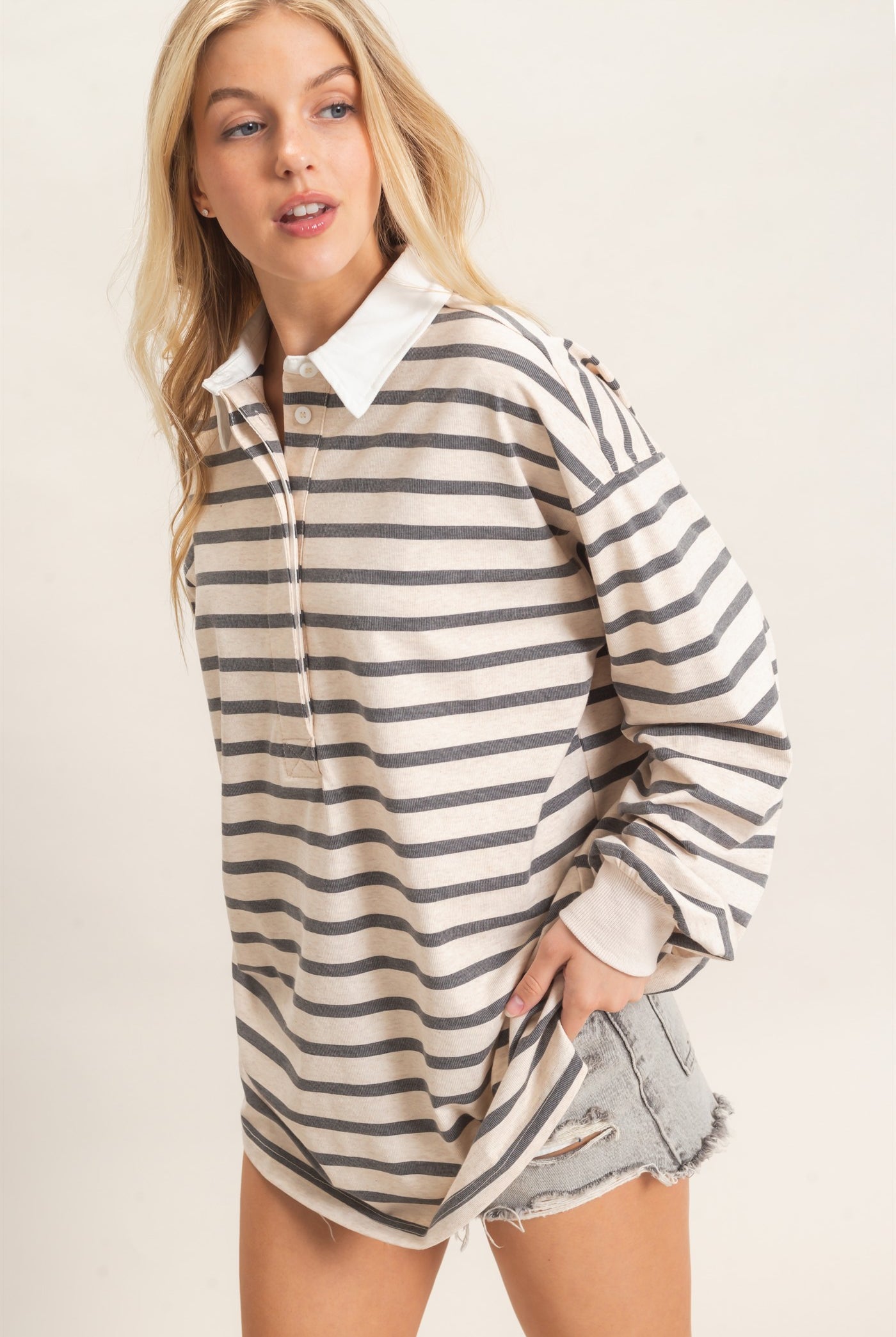 Wholesale Striped Polo Long Sleeve Top Clothing Tops HF26F078 GRAY/ECRU HYFVE