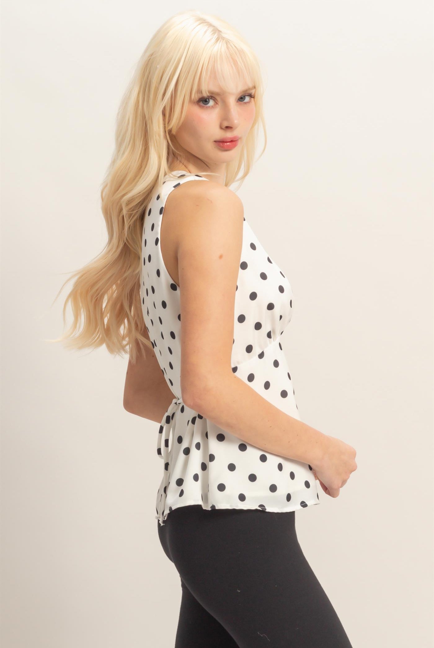Wholesale Polka Dot V-Neck Satin Top Clothing Tops DZ26C198 WHITE DOUBLE ZERO