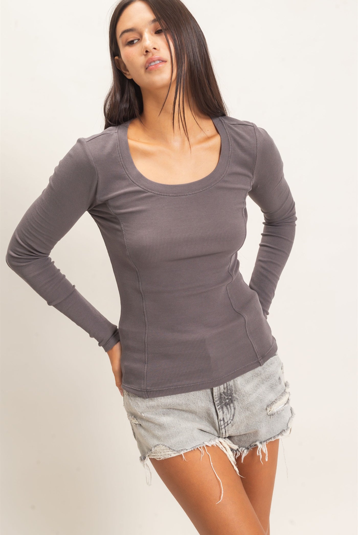 Wholesale Pigment Dye Seam Detail Scoop Neck Top Clothing Tops DZ26E242 CHARCOAL DOUBLE ZERO