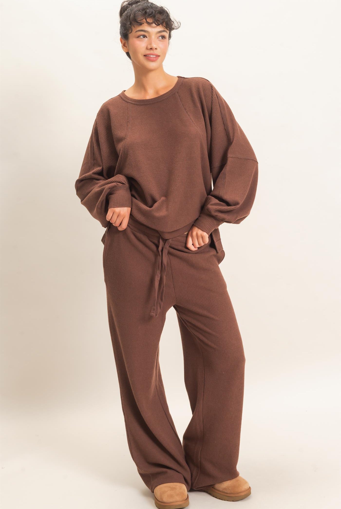 Wholesale Brushed Waffle Drawstring Pants Pants DZ26F313 DARK BROWN DOUBLE ZERO