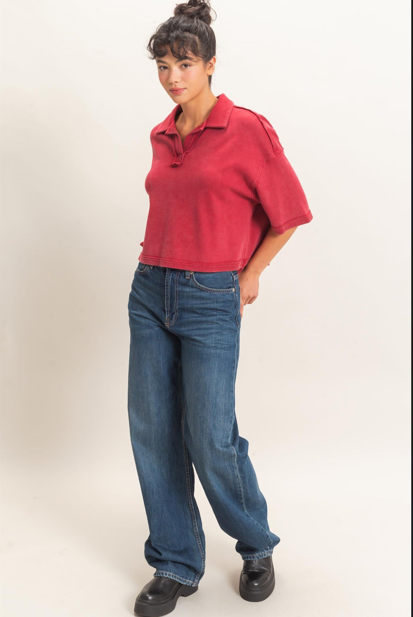 Wholesale Mineral Wash Oversized Collar Short Sleeve Top Clothing Tops DZ26E813 DARK RED DOUBLE ZERO