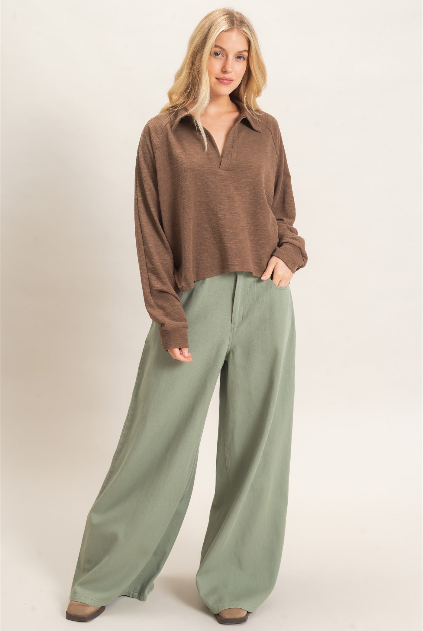 Wholesale Wide-Leg High-Rise Pants Pants HF26F222-D OLIVE HYFVE