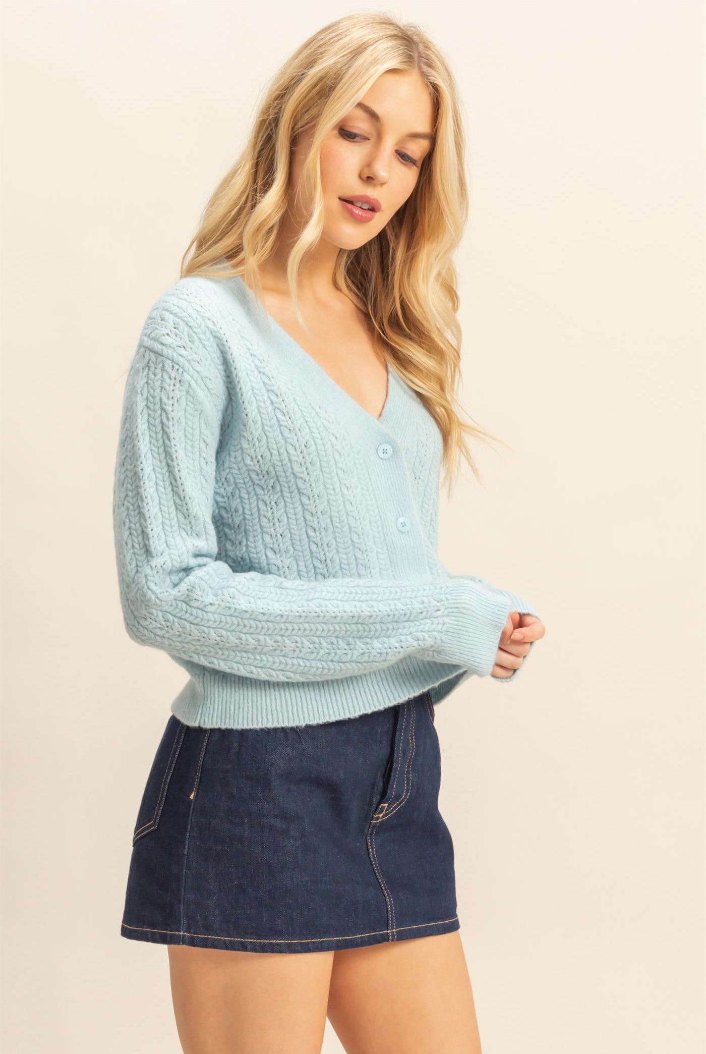 Wholesale Buttoned Cable Knit Sweater Cardigans HF25E396 L.BLUE DOUBLE ZERO