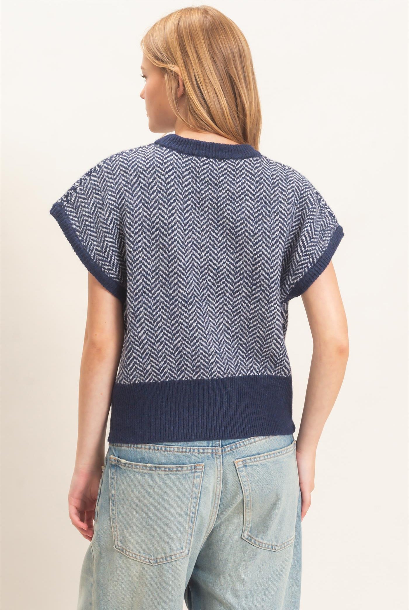 Wholesale Chevron Knit Cap Sleeve Sweater Sweaters HF26E542 NAVY HYFVE