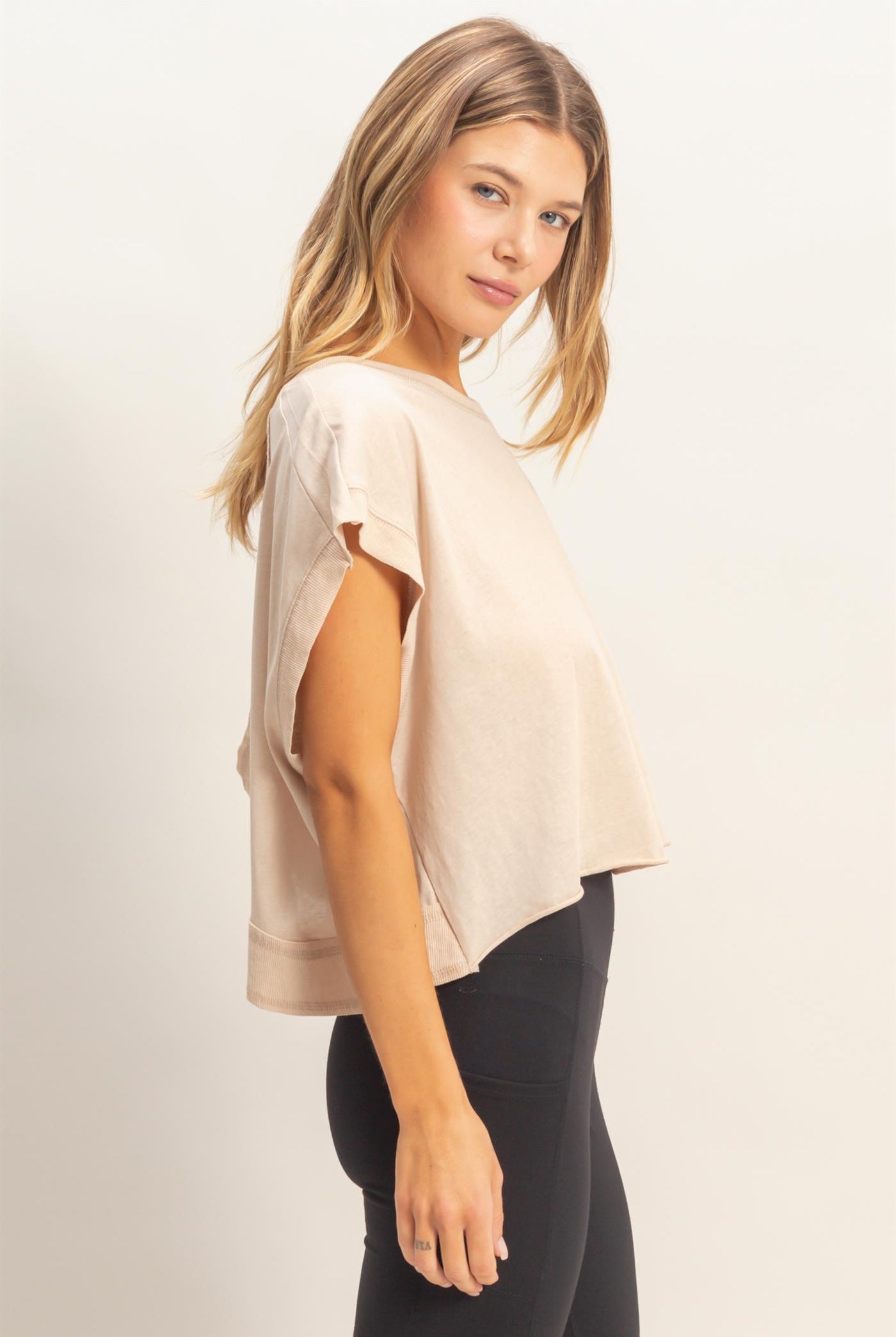 Wholesale Boxy Crew Neck Top T-Shirts HF26C288-D ALMOND HYFVE