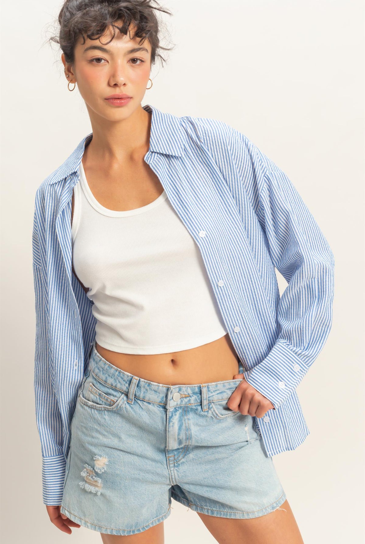 Wholesale Striped Button-Up Shirt Shirts DZ26A737 BLUE DOUBLE ZERO