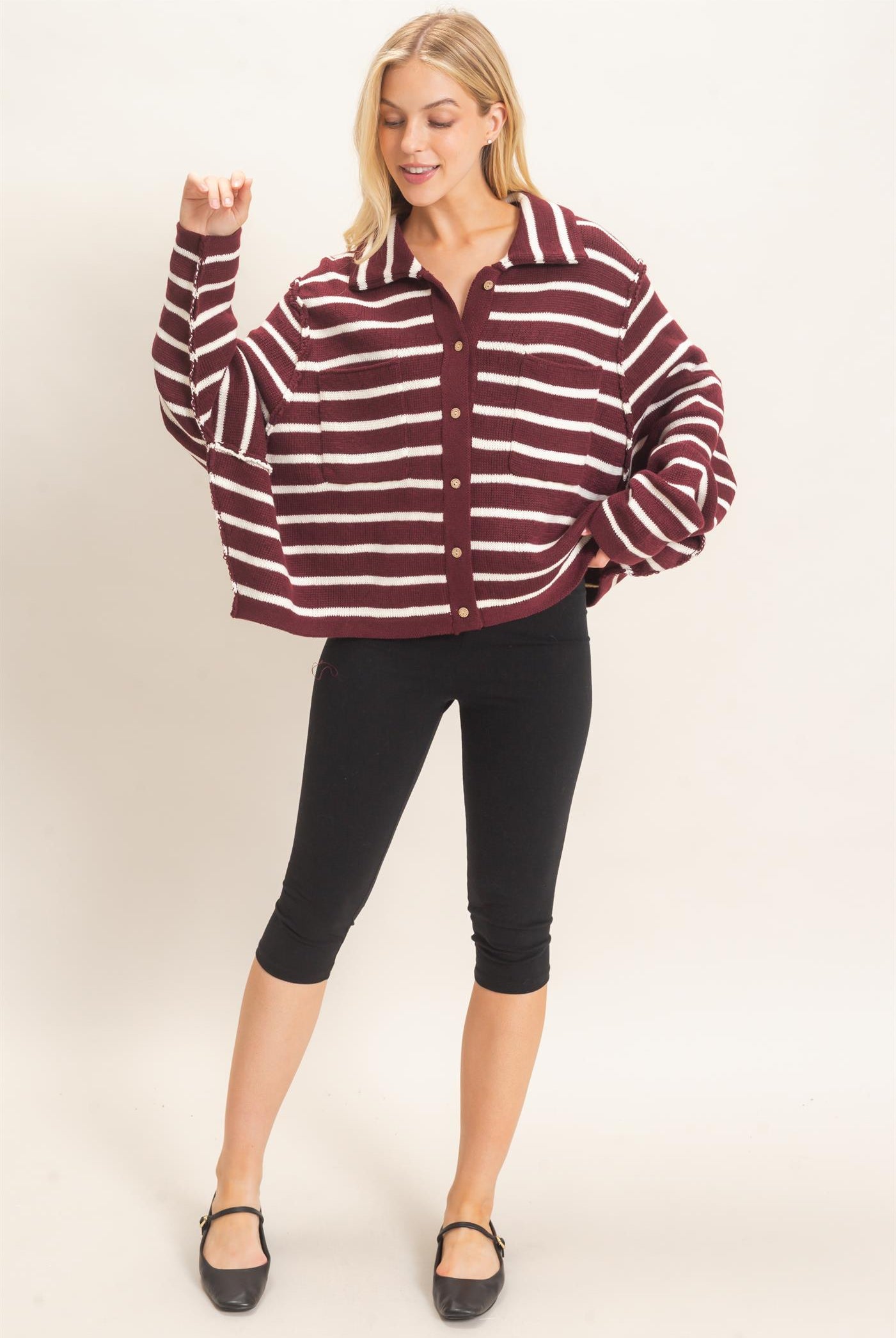 Wholesale Striped Button Front Cardigan Sweaters HF26F197 WINE HYFVE