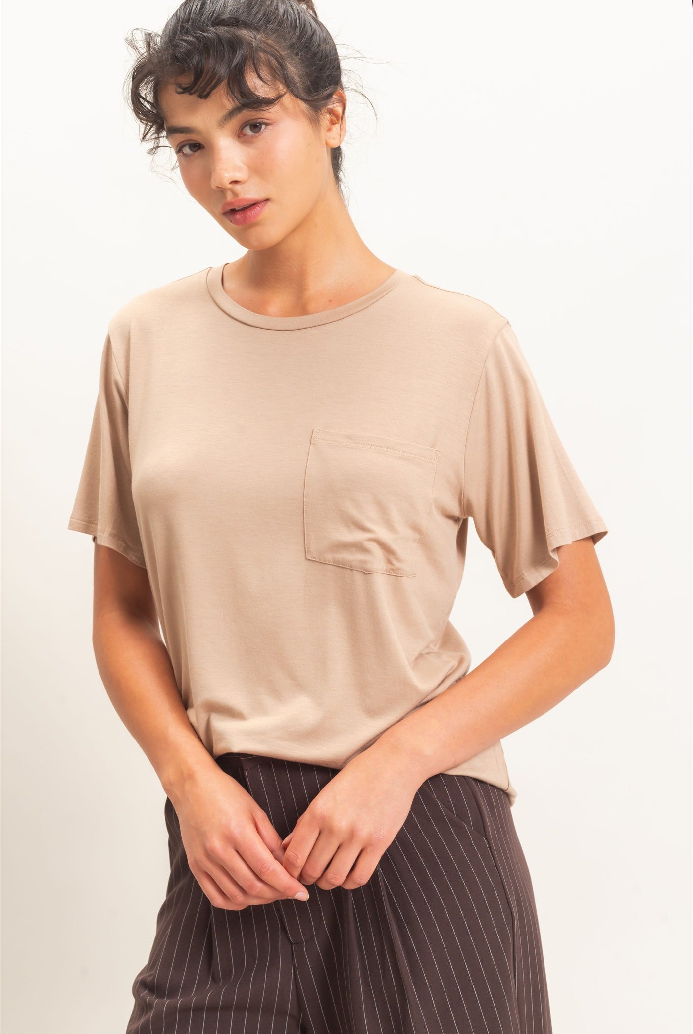 Wholesale Crew Neck Pocket Tee Clothing Tops DZ26E254 DARK TAUPE DOUBLE ZERO