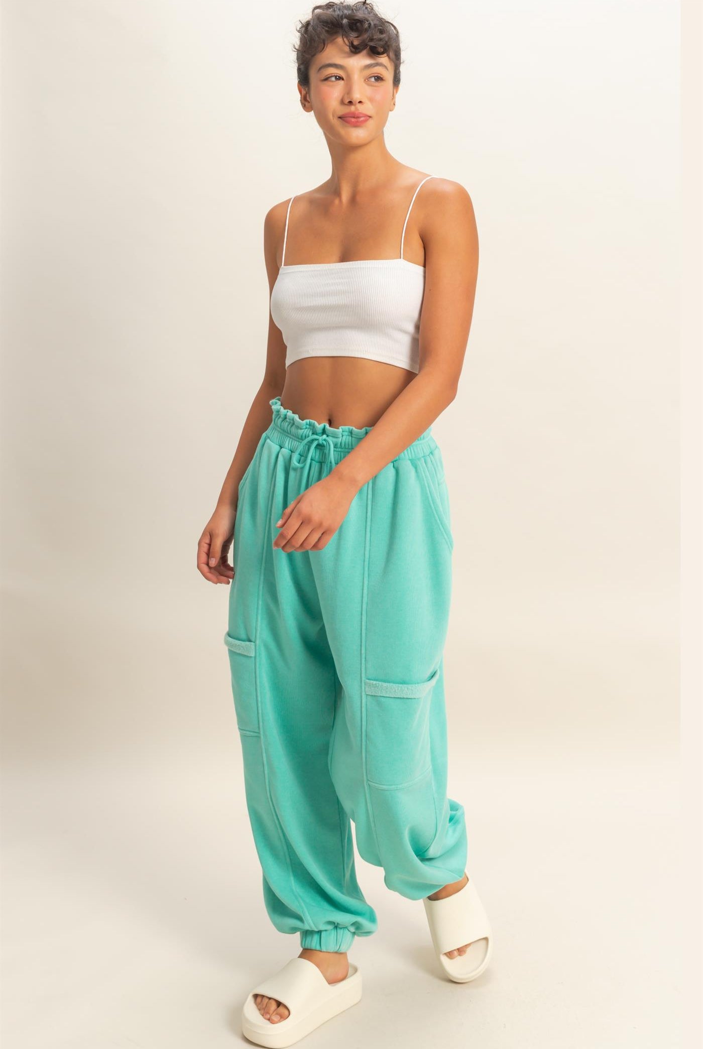 Wholesale Ruffle Waist Burnout Jogger Pants Joggers DZ26A685 TURQUOISE DOUBLE ZERO
